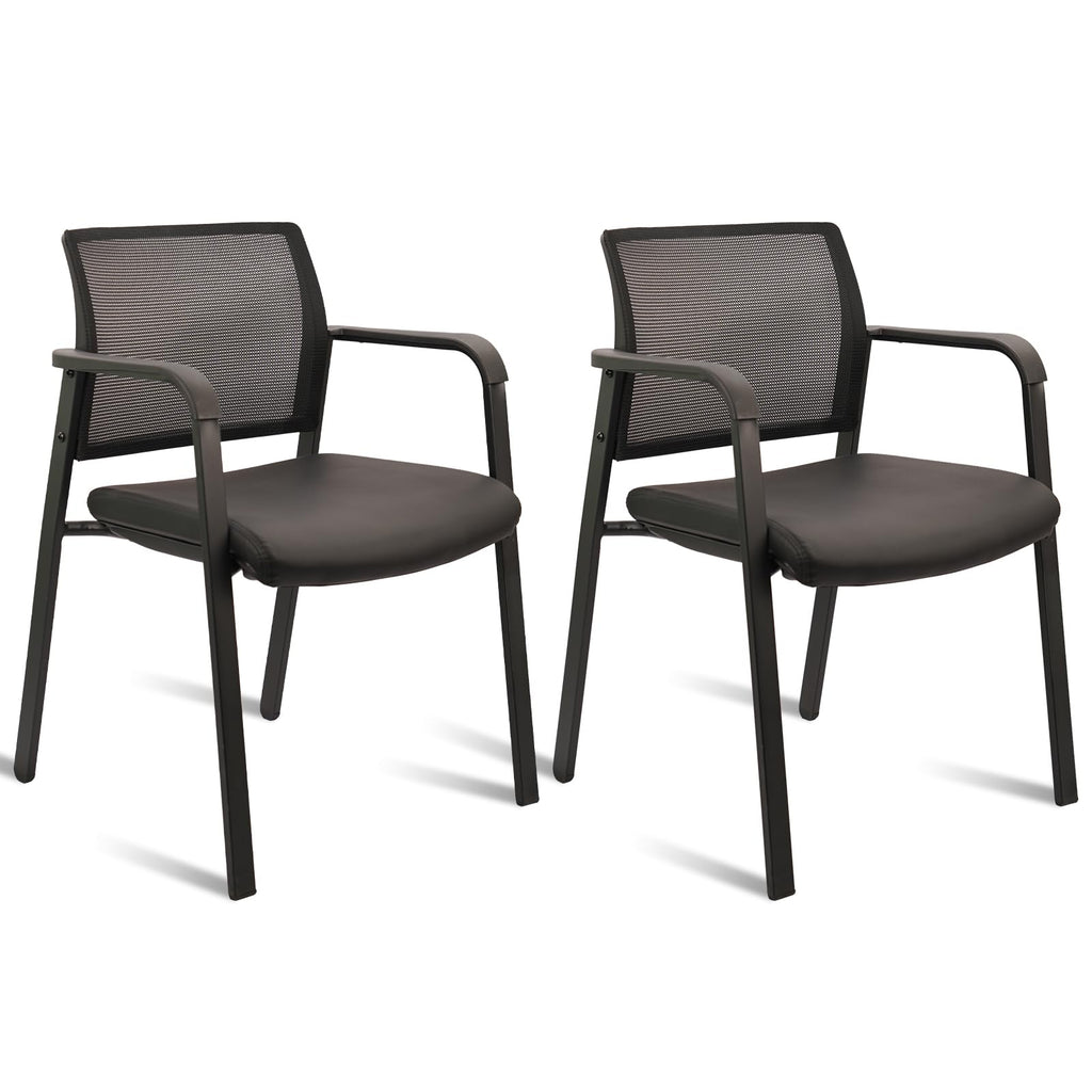 Set of 2, Stackable Office Chair, Mesh Back Guest Chairs with Comfortable Leather Seat Arms Stacking Ergonomic Desk Chair No Wheels for Conference Waiting Reception School Stationary, Black