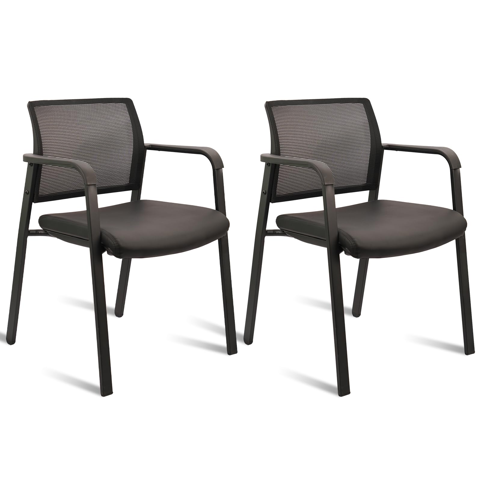 Set of 2, Stackable Office Chair, Mesh Back Guest Chairs with Comfortable Leather Seat Arms Stacking Ergonomic Desk Chair No Wheels for Conference Waiting Reception School Stationary, Black