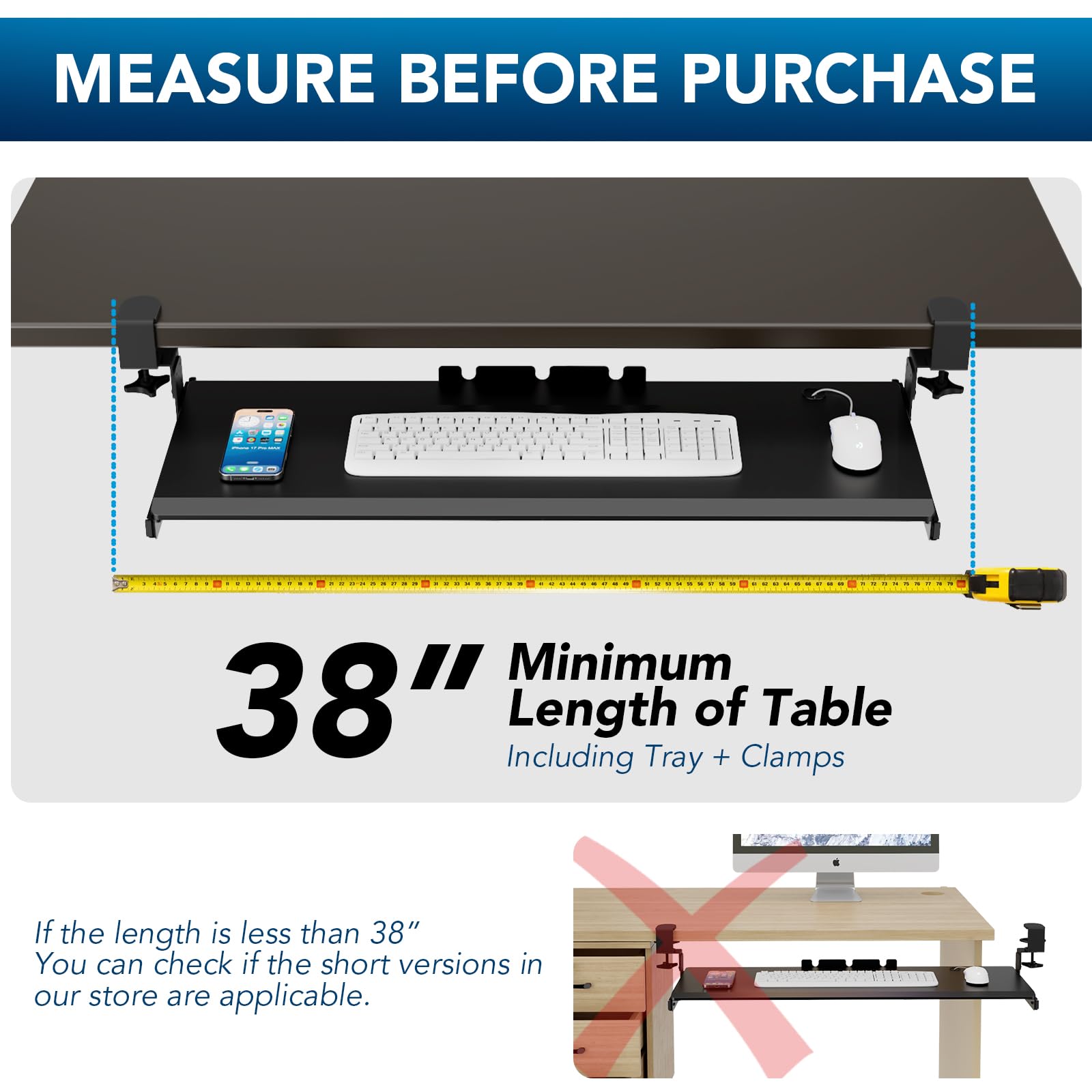 Keyboard Tray Under Desk Pull Out with 3 Height Adjustable Extra Sturdy C Clamp Mount System, 32.8 (38 inch Including Clamps) x 12 Inch Slide-Out Platform Computer Drawer for Typing
