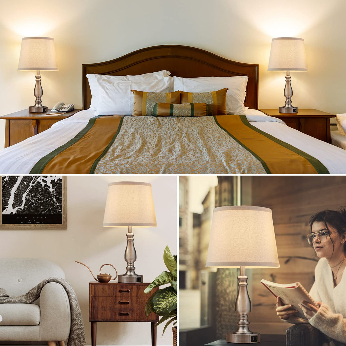 Lamps for Bedrooms Set of 2, Brushed Nickel Bedside Lamps with USB C+A Ports,Dimmable Nightstand Lamps with Fabric Lampshade, Touch Table Lamp for Living Room Bedroom Office, Bulbs Included
