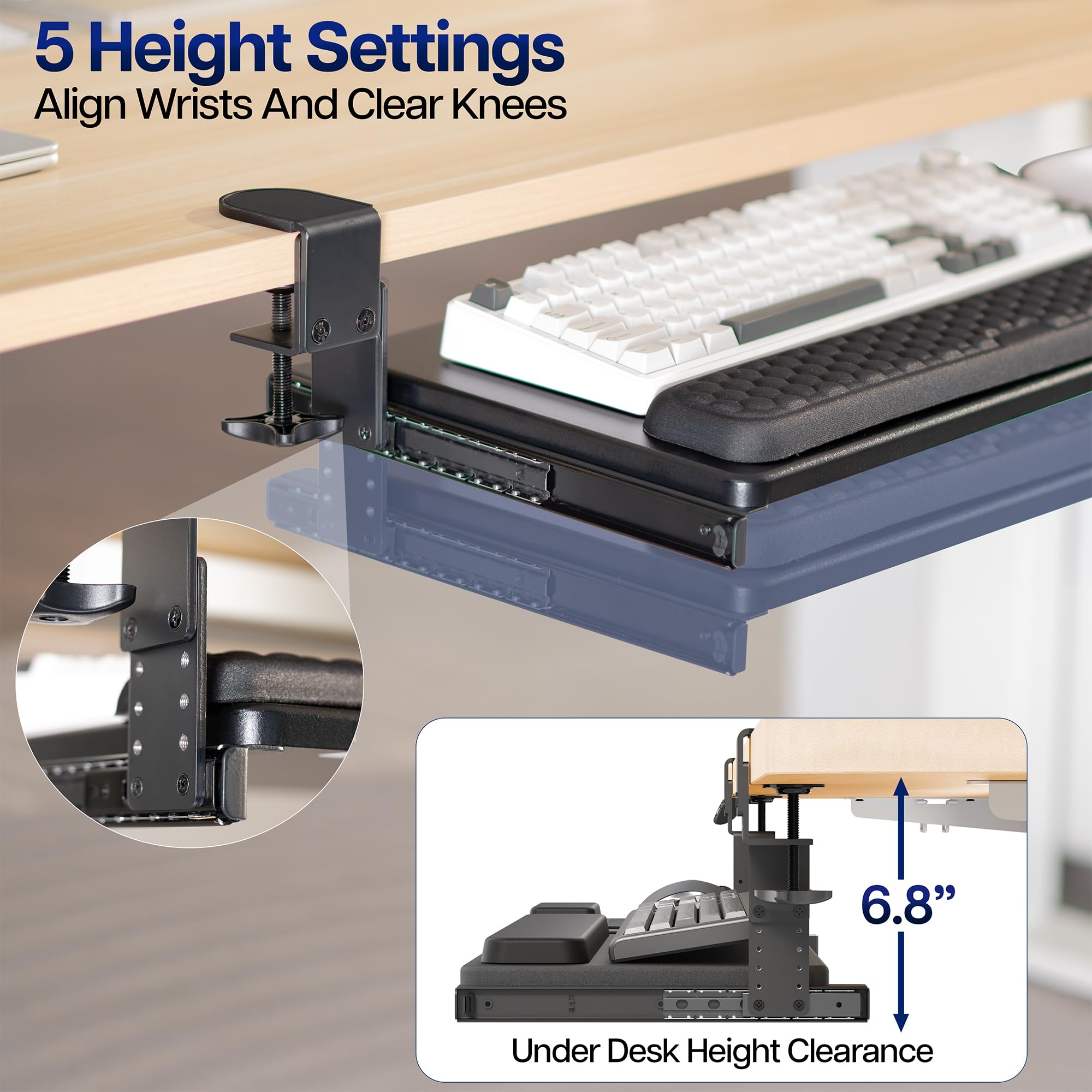 Large Height and Width Adjustable Under Desk Keyboard Tray, C-clamp Mount System, 22.5” to 30” (28.5” to 36” Including Clamps) x 11 inch Slide-Out Platform for Typing, Black