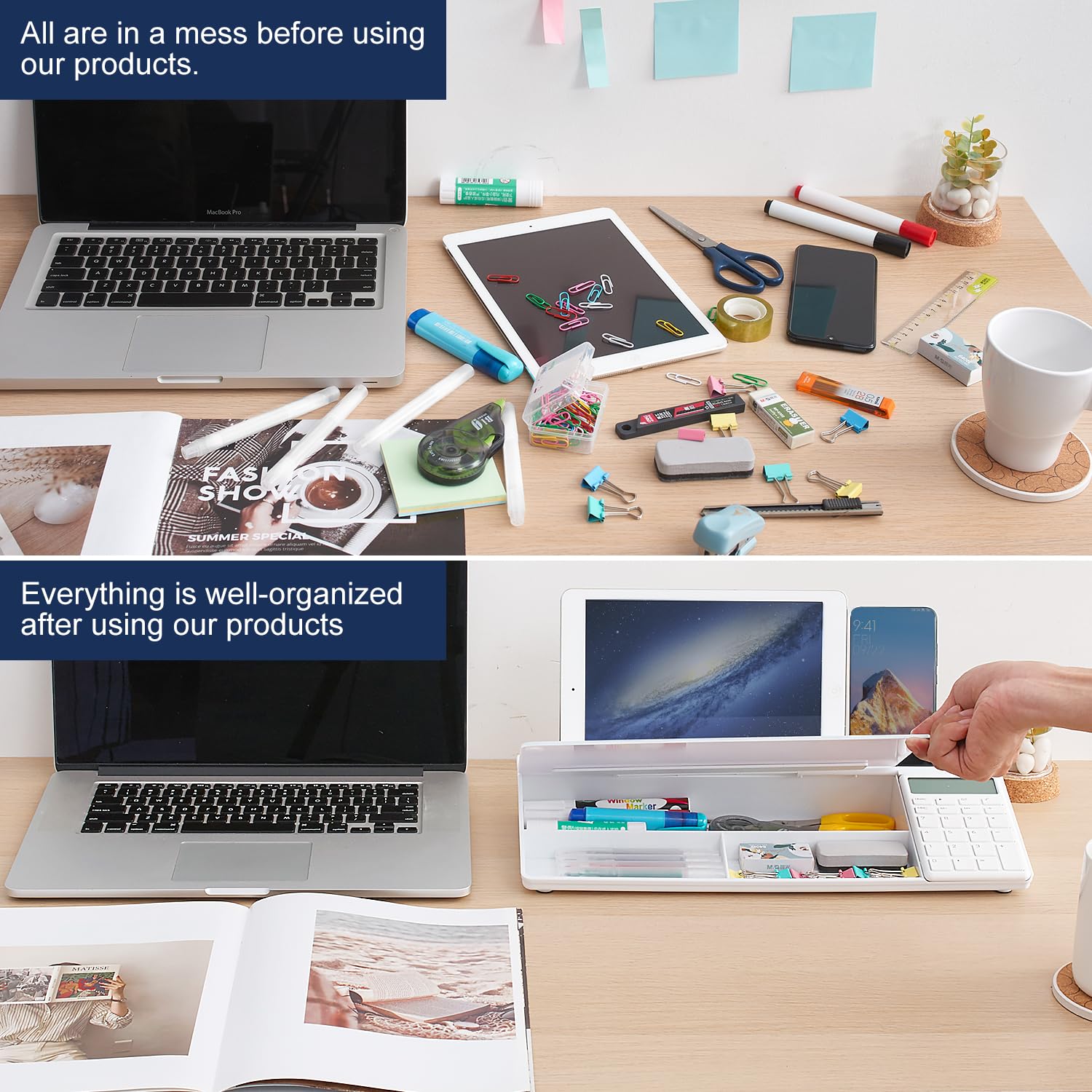 Small Glass Desktop Whiteboard Dry-Erase-Board - Computer Keyboard Stand with Calculator White Board Surface Pad with Drawer, Desk Organizers with Accessories for Office, Home, School Supplies - White