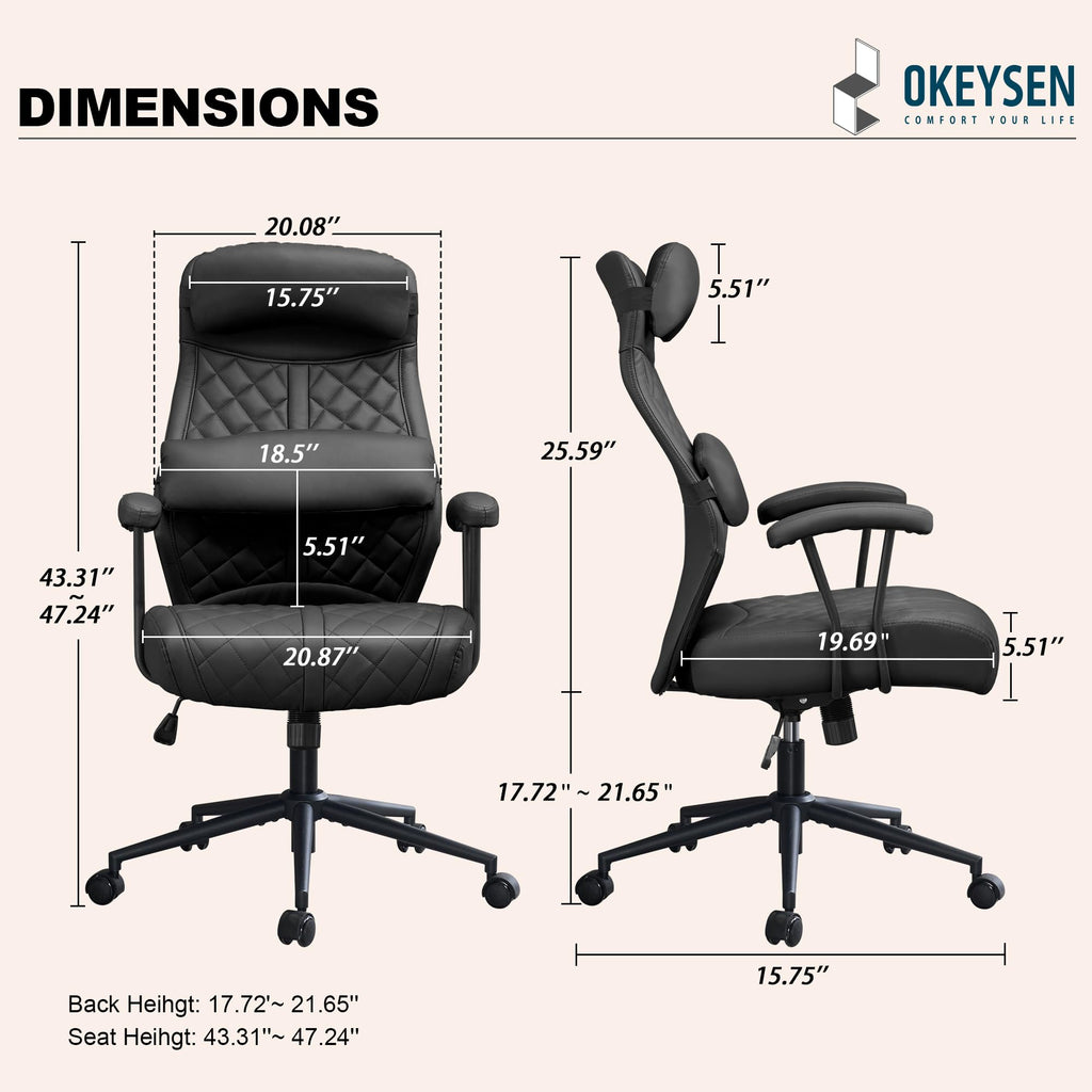 Modern Leather Office Chair, High Back Conference Room Chairs Mid-Century Reclining Office Chairs with Removable Pillow, Padded Executive Office Chair for Home, Office.