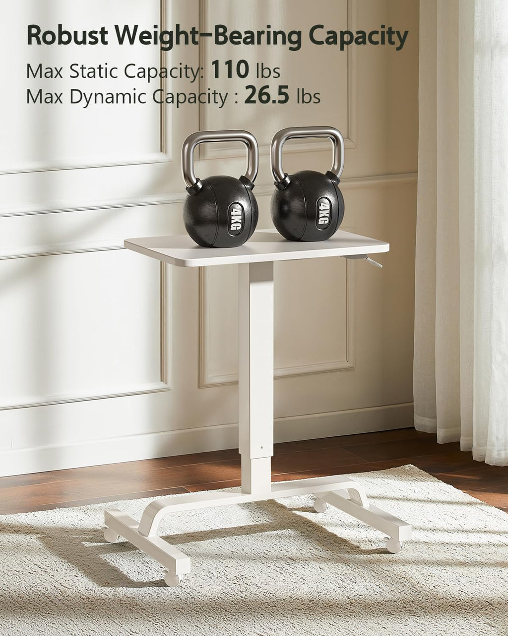 Height Adjustable Mobile Standing Desk with 360 Swivel Casters, 29"-45" Pneumatic Rolling Desk on Wheels, Perfect for Home Office, Bedroom, Living Room, White