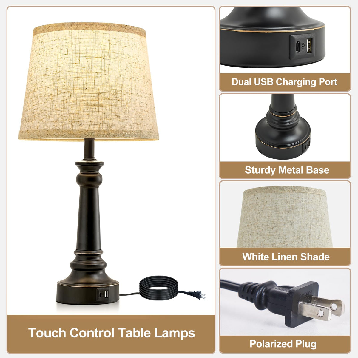 Touch Lamps for Nightstand Set of 2 - Black Table Lamp for Bedroom Dimmable Bedside Lamp with USB C+A Ports - Lamps for Night Stands Living Room End Table,2 LED Bulbs Included