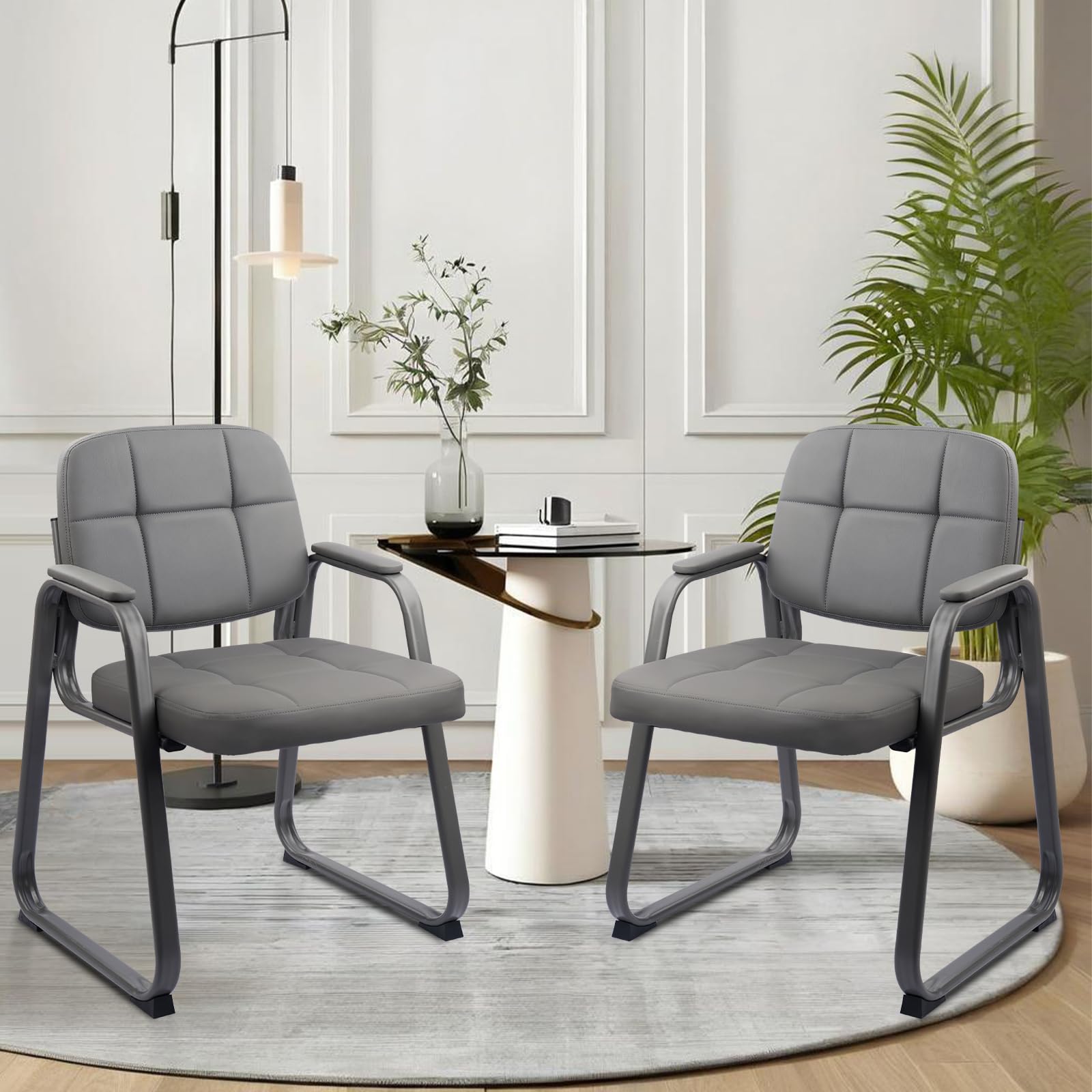 Waiting Room Guest Chair with Bonded Leather Padded Arm Rest for Office Reception and Conference Desk Black with Sled Base Grey 1Pack