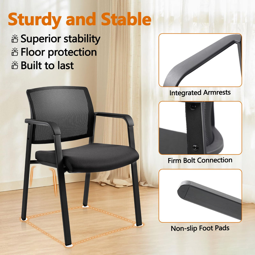 Mesh Back Stacking Arm Chairs with Upholstered Fabric Seat and Ergonomic Lumber Support for Office School Church Guest Reception Black