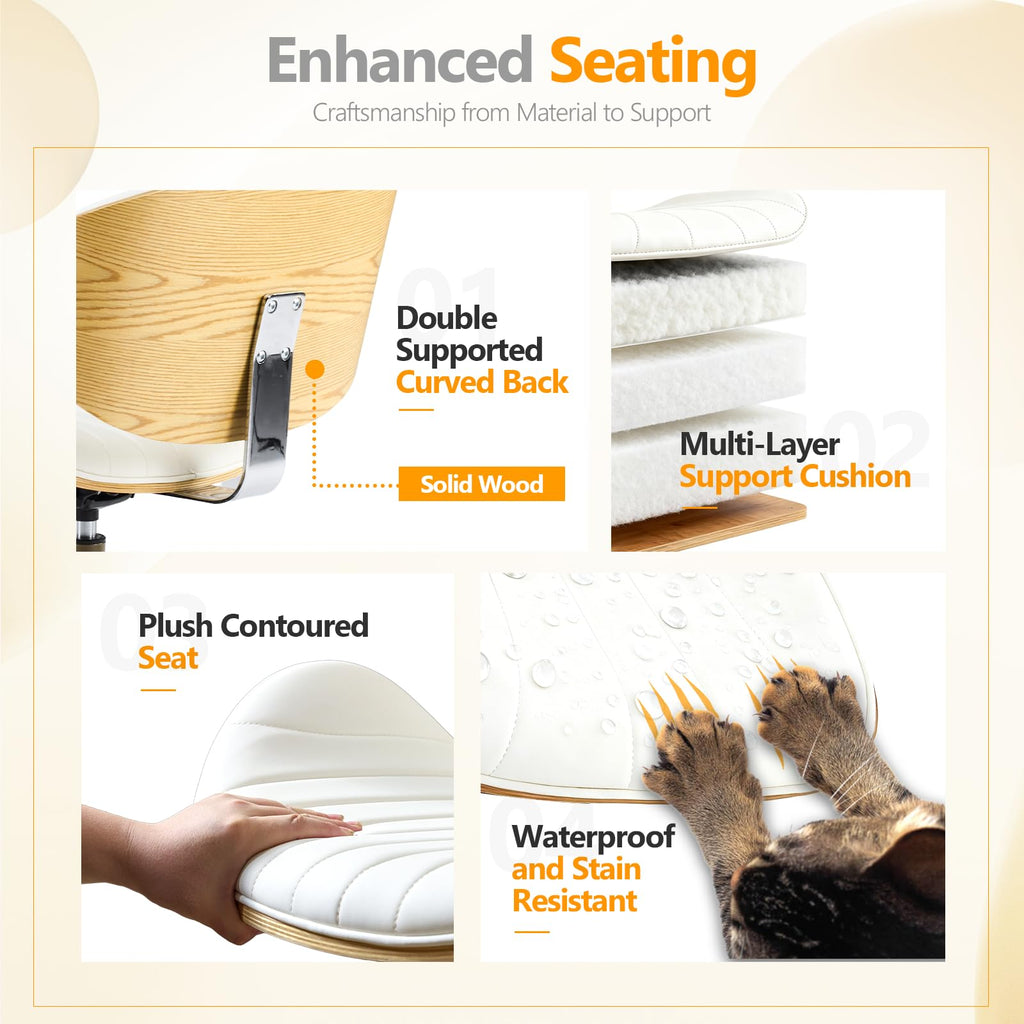 Wide Comfotable Swivel Home Office Chair with Wood-Grain Curved Shell,Ergomomic Mid-Back Padded Armless Rolling Desk Chair with Wheels,Height Adjustable for Computer,Task,Work,PU Leather,White