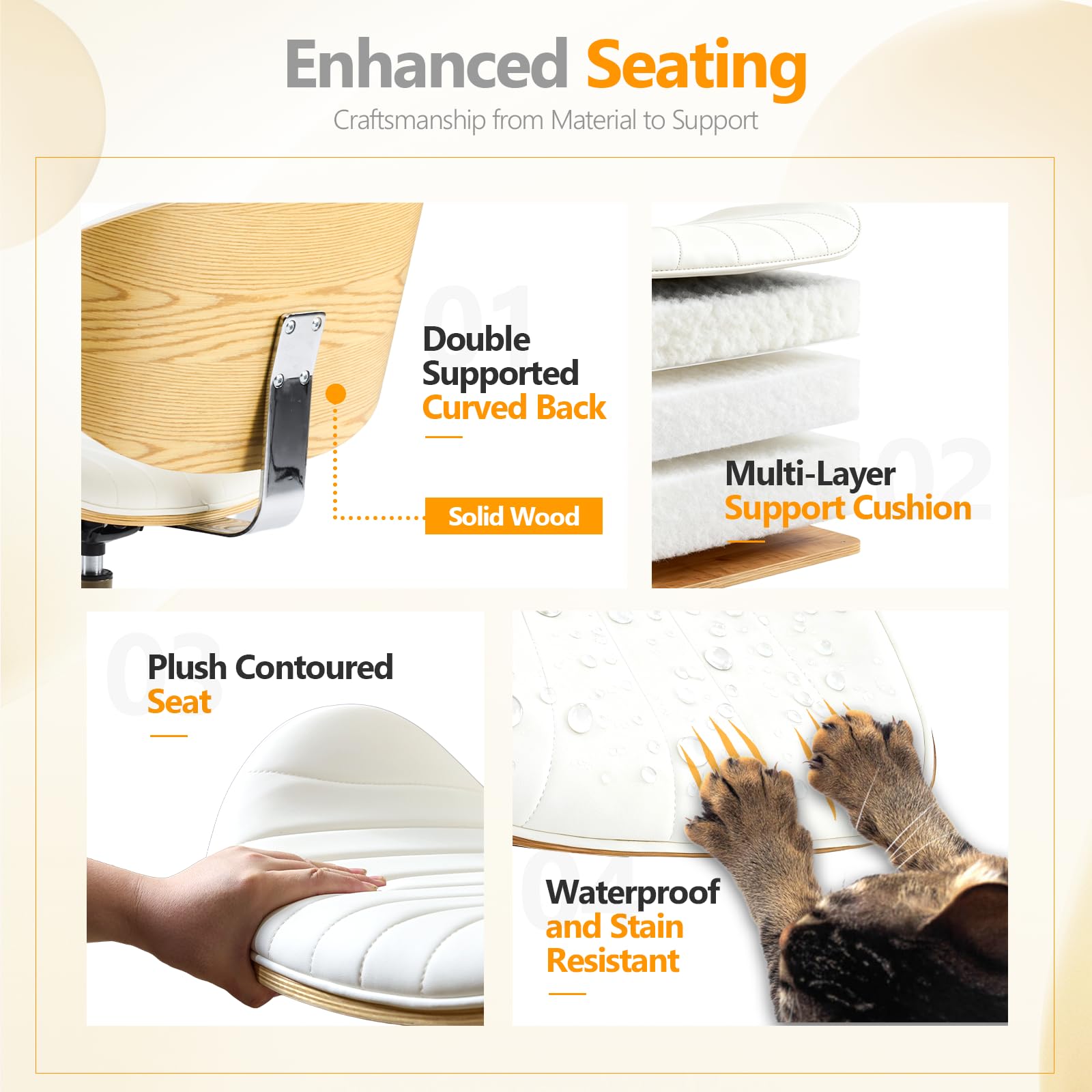 Wide Comfotable Swivel Home Office Chair with Wood-Grain Curved Shell,Ergomomic Mid-Back Padded Armless Rolling Desk Chair with Wheels,Height Adjustable for Computer,Task,Work,PU Leather,White