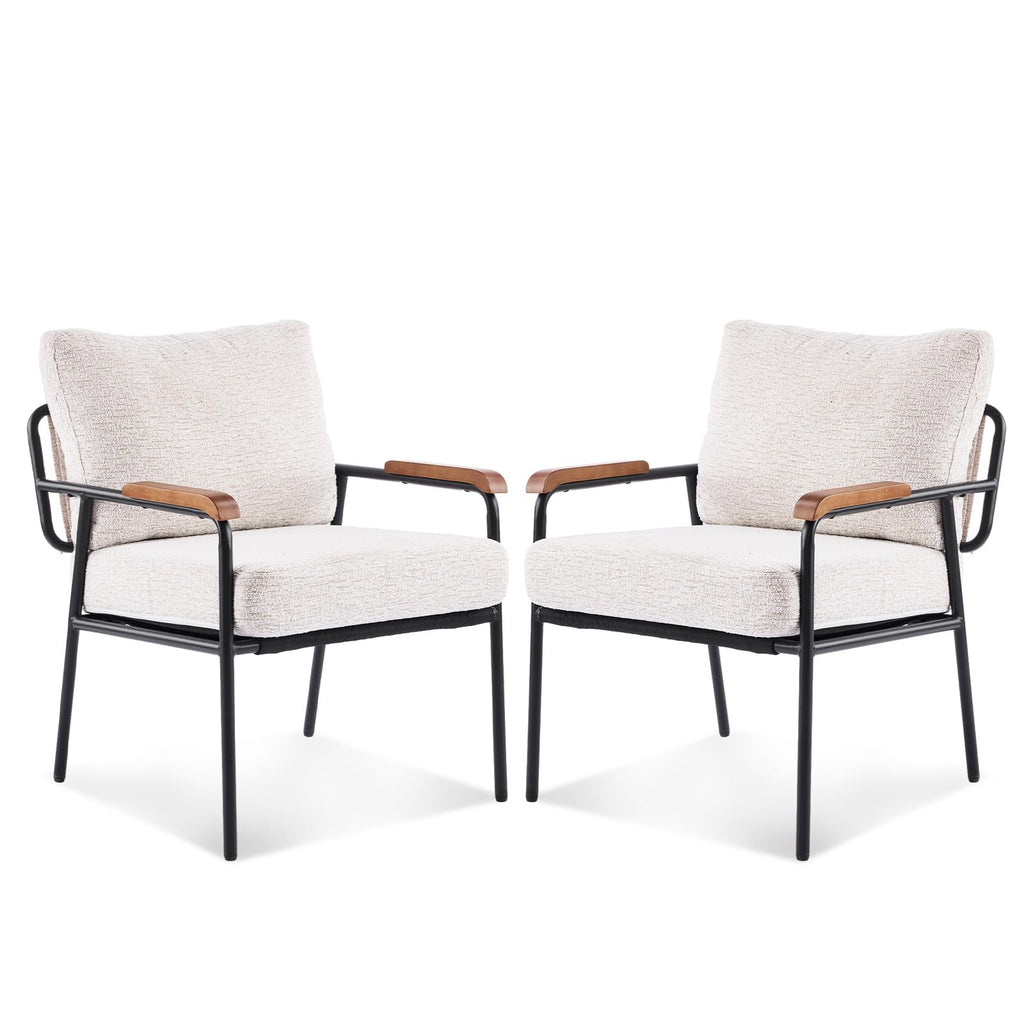 Mid-Century Modern Accent Armchairs Set of 2 for Office, Small Comfy Upholstered Leisure Reading Chairs with Wood Armrests for Office, Bedroom, Living Room, Waiting Room, Linen Beige