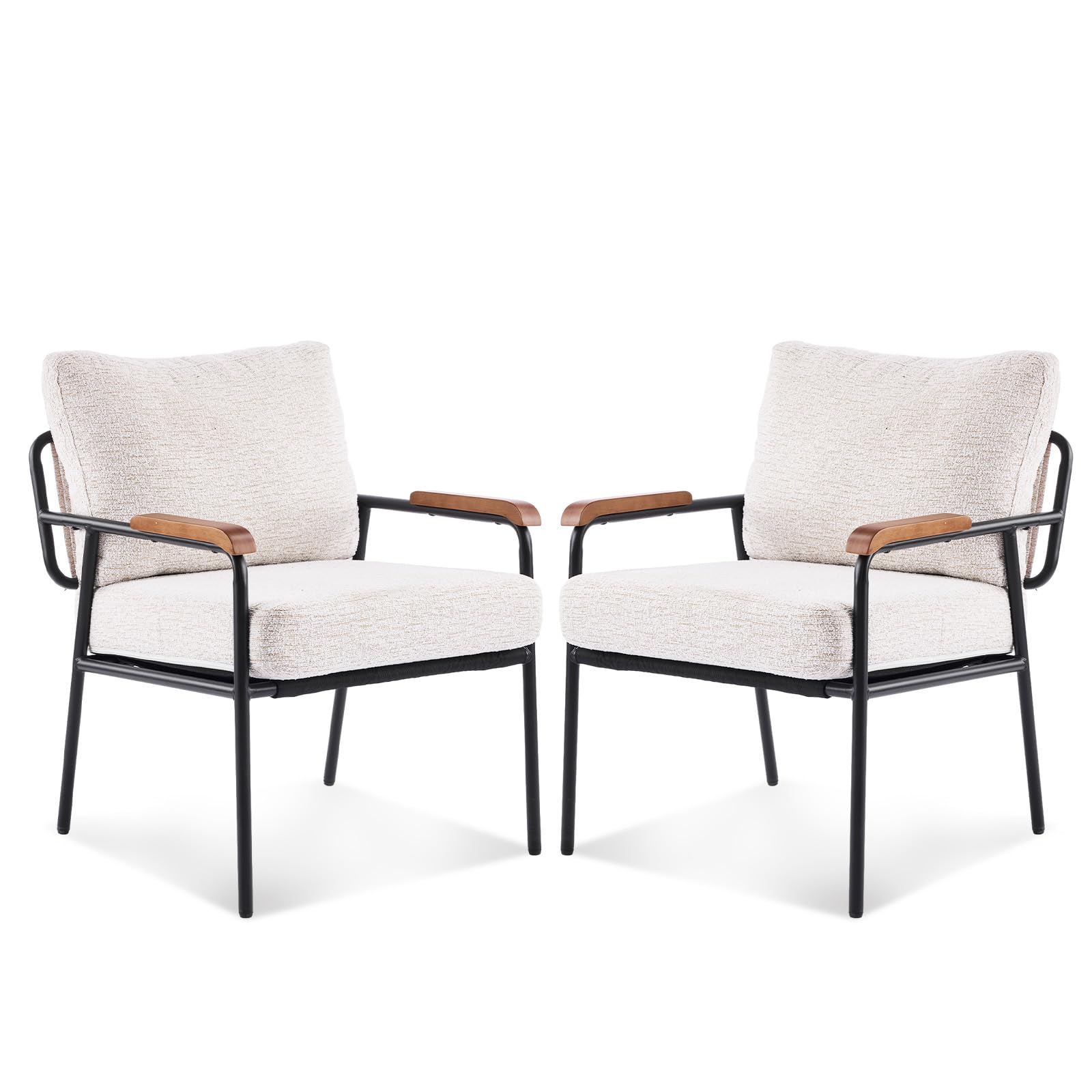 Mid-Century Modern Accent Armchairs Set of 2 for Office, Small Comfy Upholstered Leisure Reading Chairs with Wood Armrests for Office, Bedroom, Living Room, Waiting Room, Linen Beige