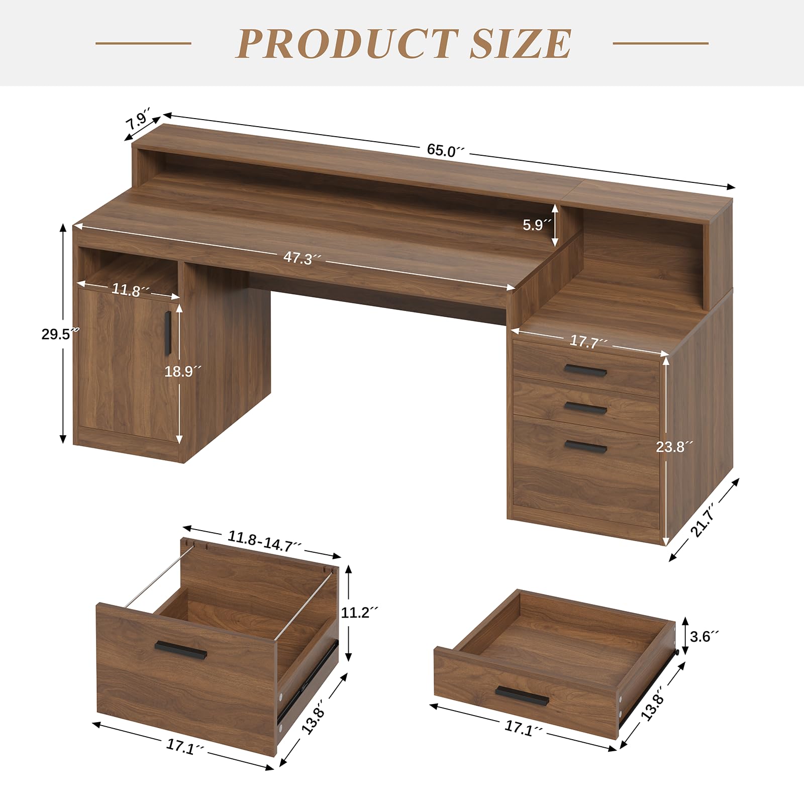 Computer Desk with 3 Drawers & Storage Shelves, 65 Inch Home Office Desk with File Drawer & Cabinet, Writing Study Desks with Monitor Stand & Printer Shelf, Executive Desk, Brown