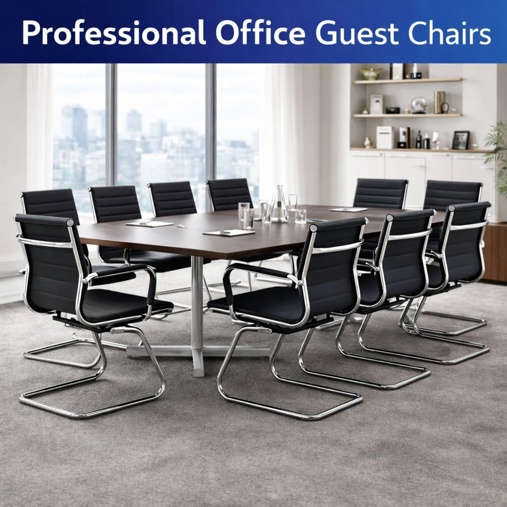 Conference Room Chairs Set of 6, Waiting Room Chairs with Arms, Faux Leather Reception Chairs No Wheels, Office Guest Chairs with Mid Back Support and Chrome Sled Base, Black
