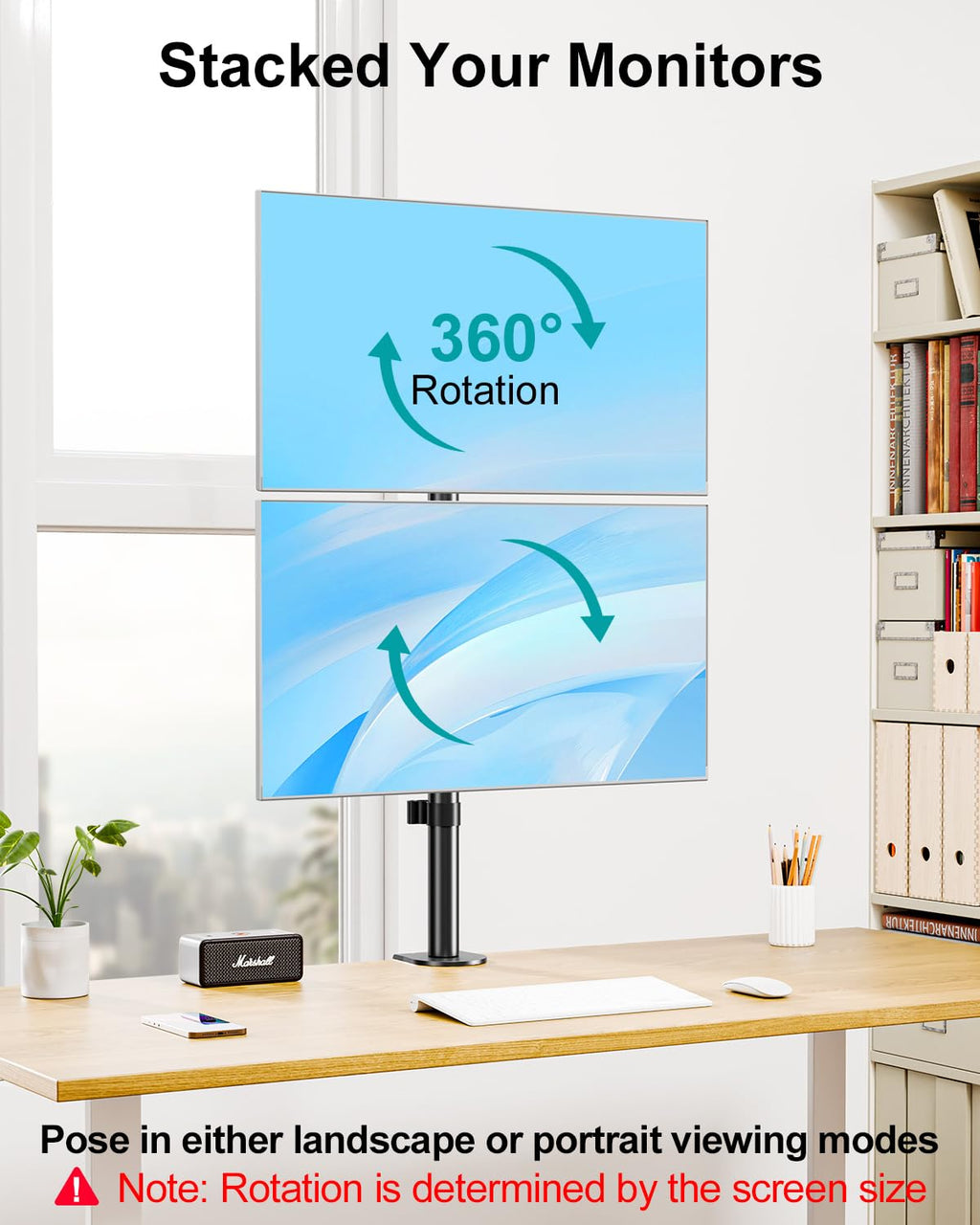 Vertical Dual Monitor Stand, Stacked Monitor Mount for 2 Monitors Up to 32 inches, Computer Monitor Arm with Swivel, Tilt, Height Adjustable, Each Monitor Desk Mount Holds up to 17.6 lbs