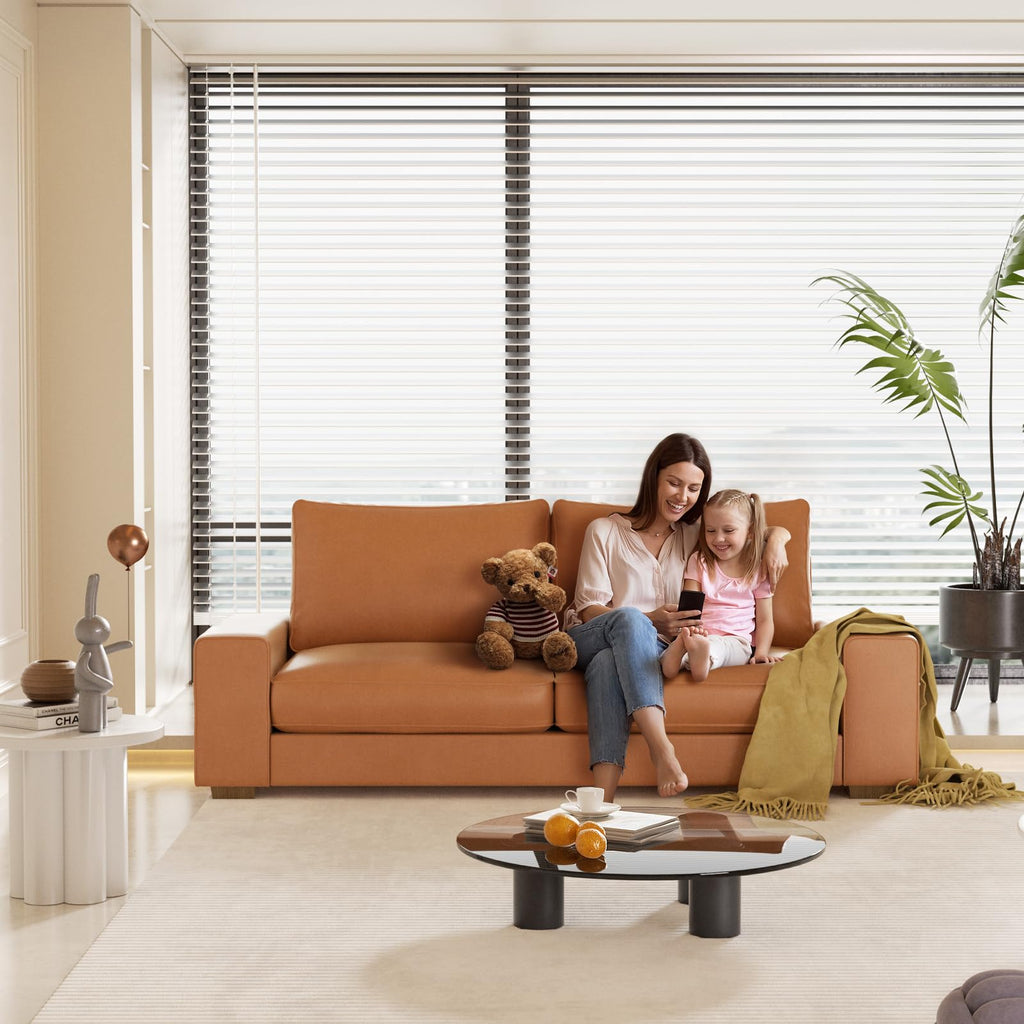 Faux Leather Couch, Mid Century Modern Comfy Loveseat Sofa with Wide Arm, Side Pockets, Solid Wooden Frame for Office, Living Room and Bedroom, 2 Seater (Brown, 71.25 Inches)