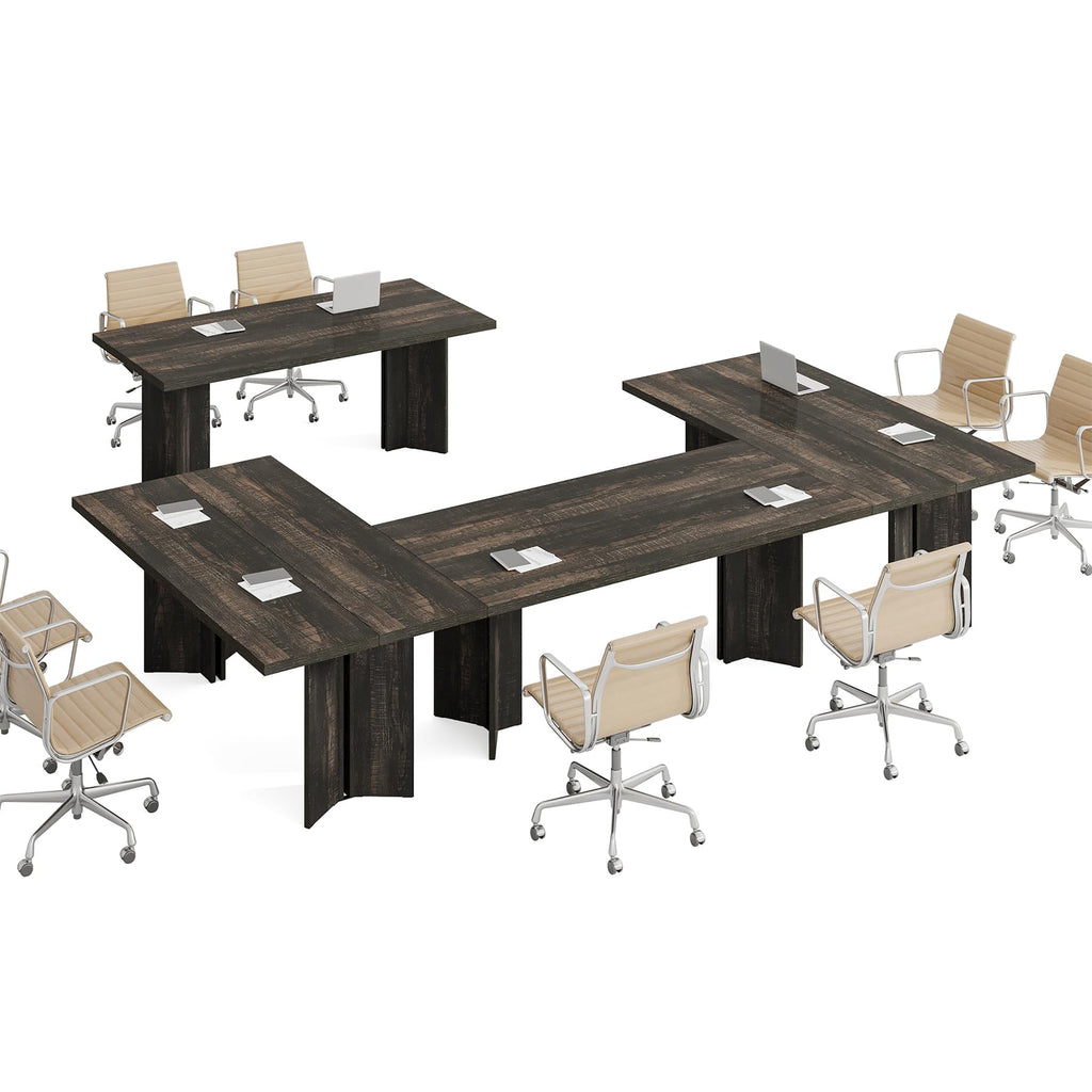 10.5FT Conference Table, Large Rectangle Meeting Seminar Table for 12-14 Person, Long Wooden Business Tables (Set of 4, Dark Gray)