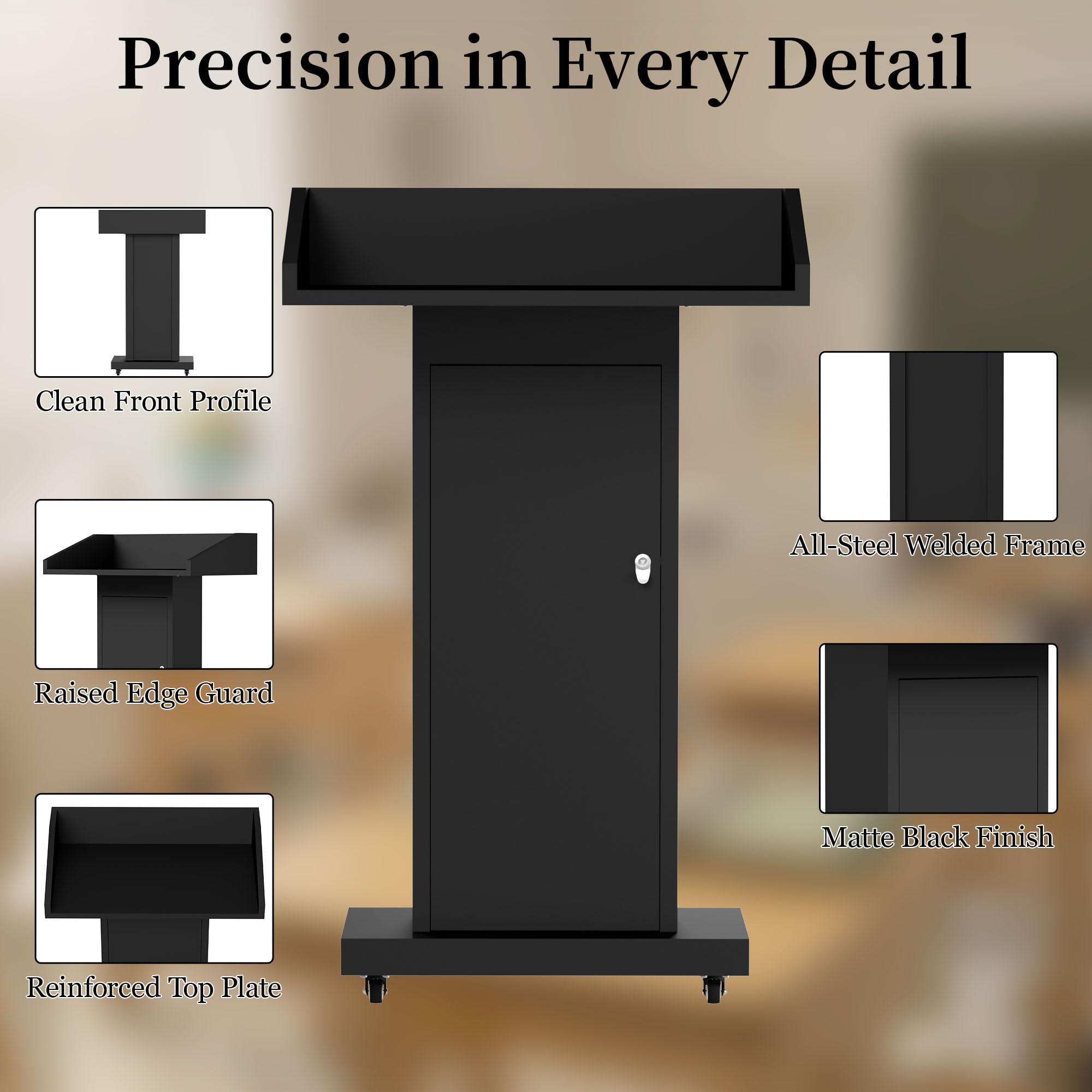 Podium Stand with 4 Locking Wheels, Heavy-Duty Metal Lectern with Large Lockable Storage Cabinet, Flat Desktop for Church, School, Office, and Conference, 43.7" H, Black
