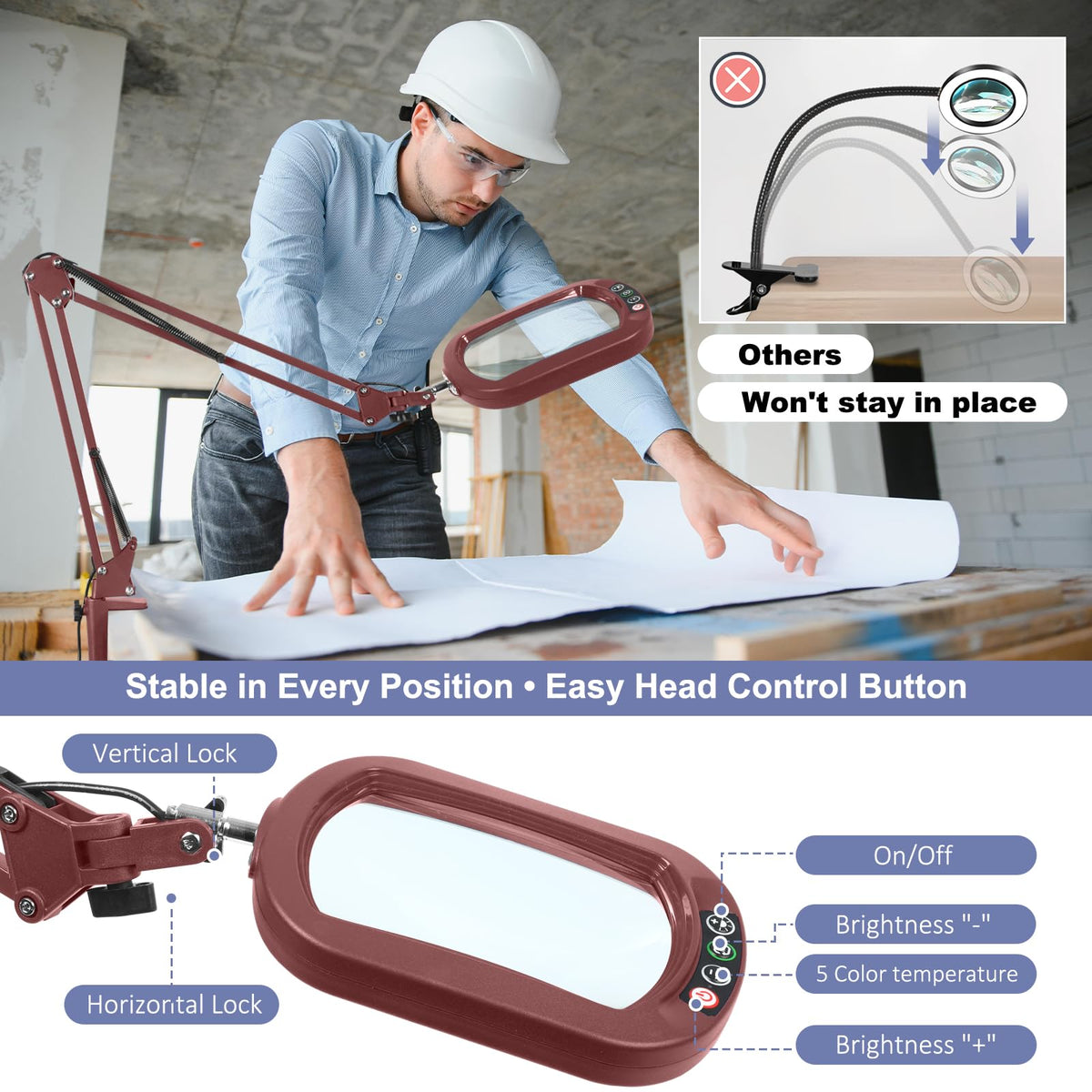 14.35" Large Magnifying Glass with Light and Clamp, Real Glass, 5 Color Modes, Stepless Dimmable, Lighted Magnifier with Stand Hands Free, LED Swing Arm Desk Lamp for Close Work, Craft, Red