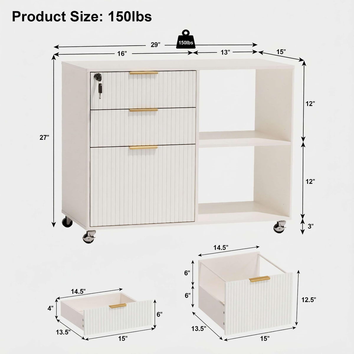 3 Drawer Fluted Mobile Filing Cabinet with Lock, Lateral Rolling Under Desk File Cabinet, Wooden Printer Stand Table for Home Office Essentials Storage Organization Furniture Letters/A4(White)