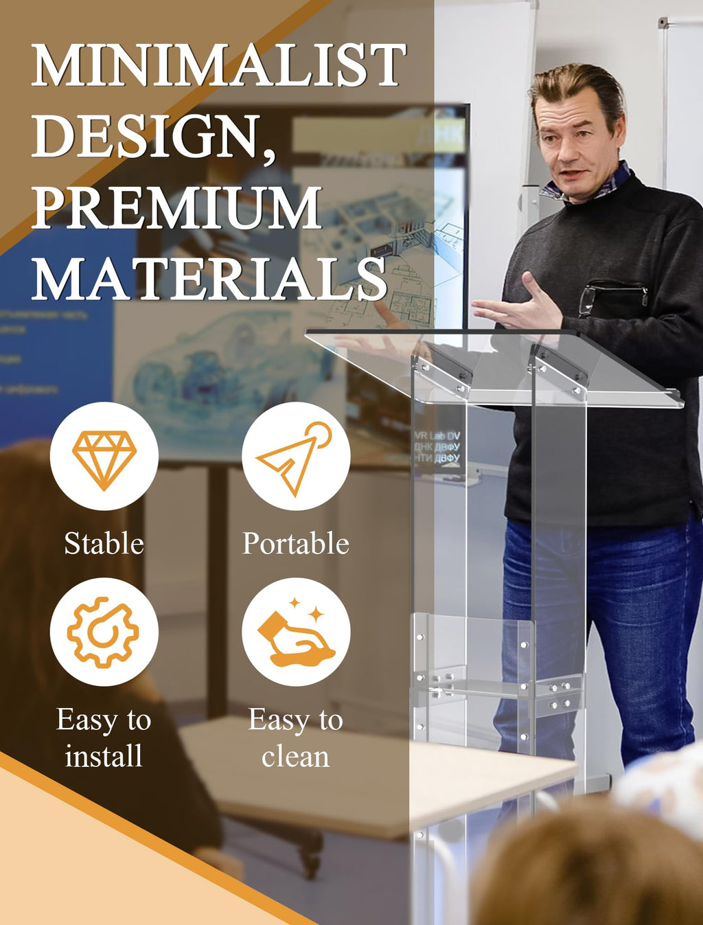 Acrylic Podium Stand with Storage Shelf, 45.5" Modern Clear Lectern with Reading Platform for Classroom, Weddings, Conference, Concert, Professional Presentation Podiums