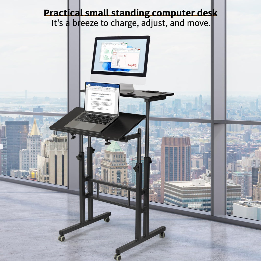 Mobile Standing Desk with Charging Station, Adjustable Standing Computer Desk, Standing Adjustable Laptop Cart with Wheels for Home Office Classroom Black