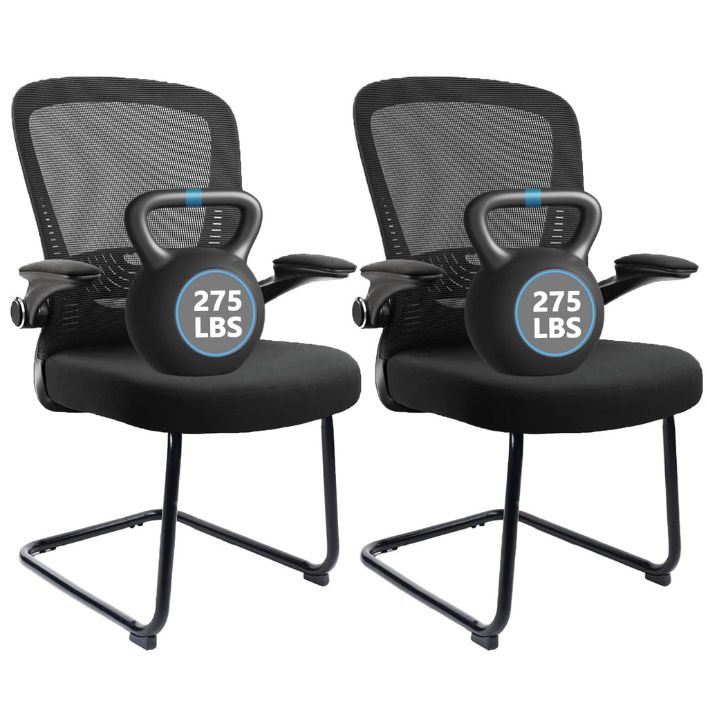 Black (2PK) Office Guest Chair no Wheels, Ergonomic Mesh Desk Chair Adjustable Lumbar Support and Flip Up Arms, Sled Base for Office Guest & Reception Chairs for Conference Room,