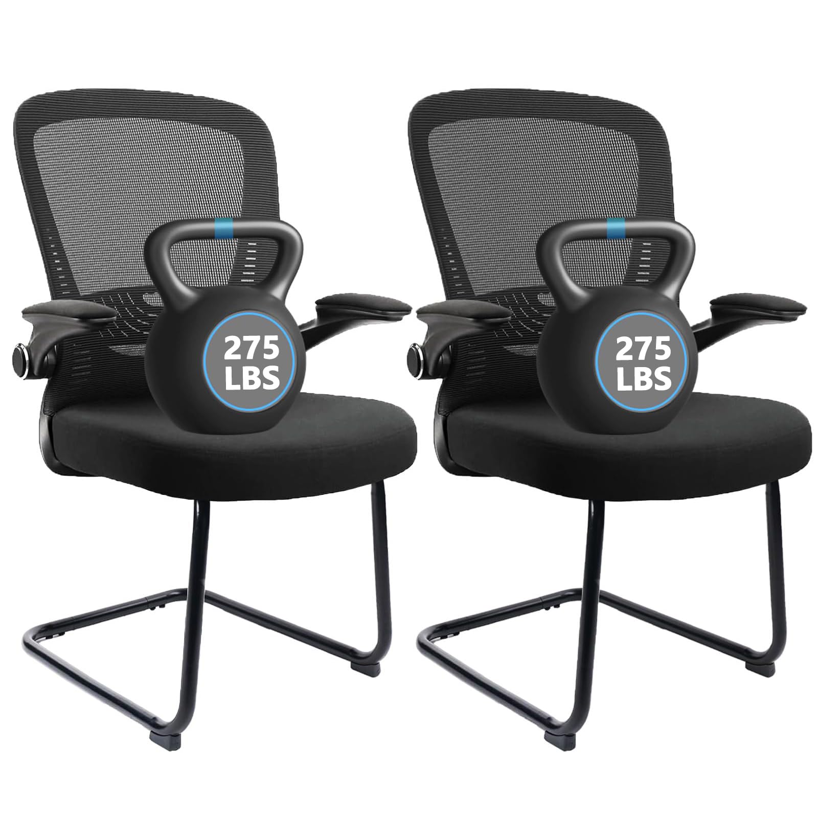 Black (2PK) Office Guest Chair no Wheels, Ergonomic Mesh Desk Chair Adjustable Lumbar Support and Flip Up Arms, Sled Base for Office Guest & Reception Chairs for Conference Room,