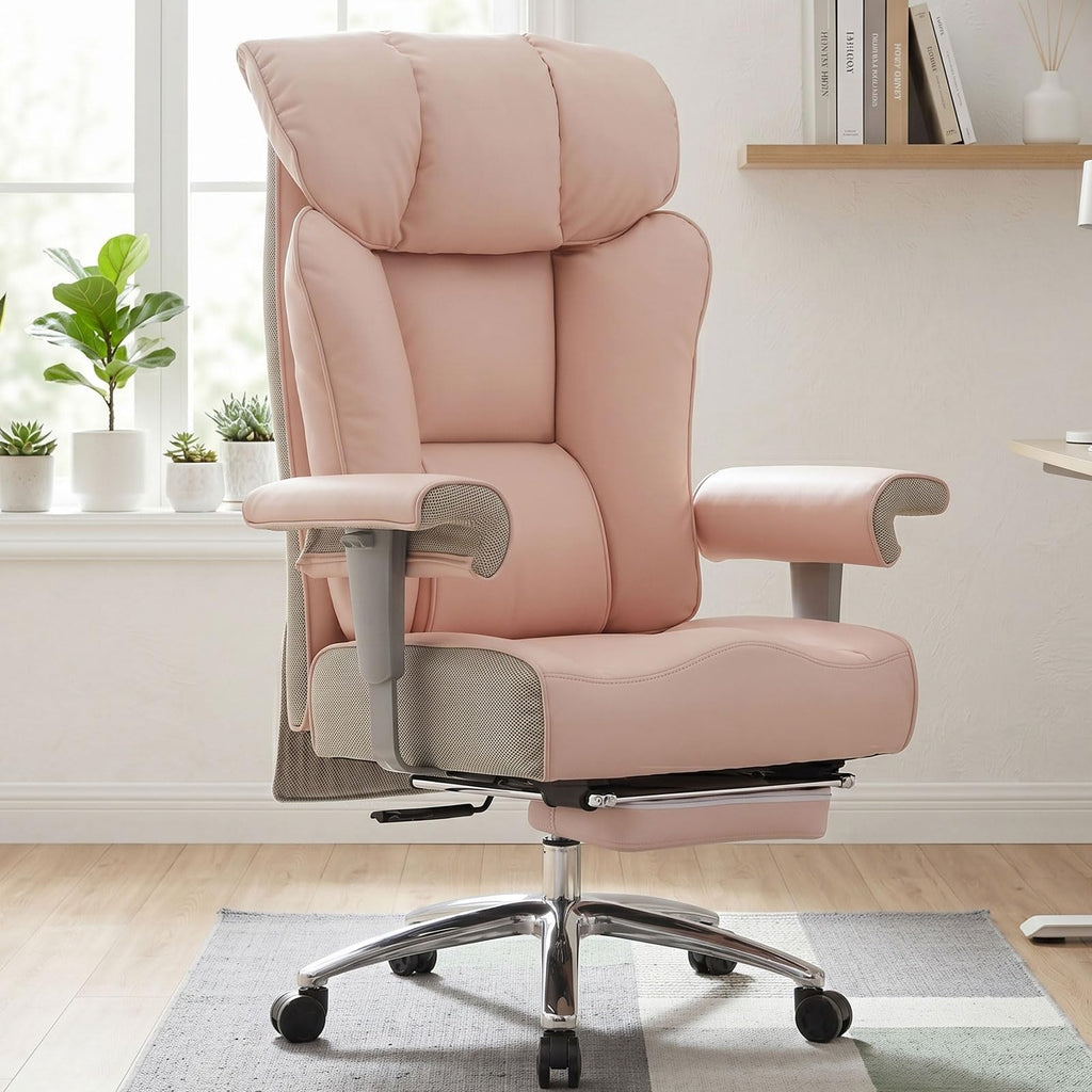 Big & Tall Pink Executive Office Chair 400lbs, Extra Wide 23.2" PU Leather Desk Chair for Women with Footrest, Pocket Spring & Adjustable Arms for Home Office