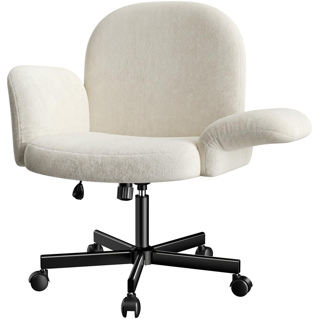 Criss Cross Office Chair with Adjustable Armrests & Wheels, Vanity Chair with Wide Cushion, Reclining Back, Soft Chenille Fabric, Desk Chair for Home Office, Makeup Room, Bedroom, White
