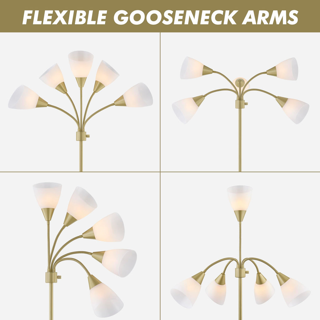 Medusa Modern Decor Floor Lamp, 5 Head Adjustable Gooseneck Lamps for Reading, White Shades Multiple Tall Standing Lamps for Living Room Bedroom Office Kids Classroom, Gold, Bulbs Included