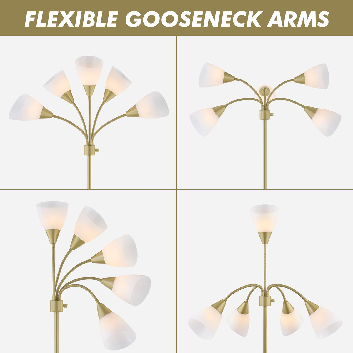 Medusa Modern Decor Floor Lamp, Multi Head Adjustable Gooseneck Bright Light Lamps for Reading, White Shades Tall Standing Tree Floor Lamps for Living Room Bedroom Office Kids Classroom, Gold