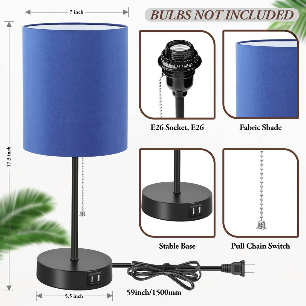 Bedside Table Lamps Set of 2 with USB Charging Ports and AC Outlet, Blue