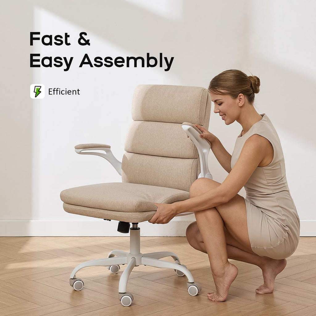 Office Chair Adjustable Desk Chair Mid Back Executive Comfortable Fabric Ergonomic Back Support Home Computer Chair with Padded Flip-up Armrest Swivel Wheels (Beige)