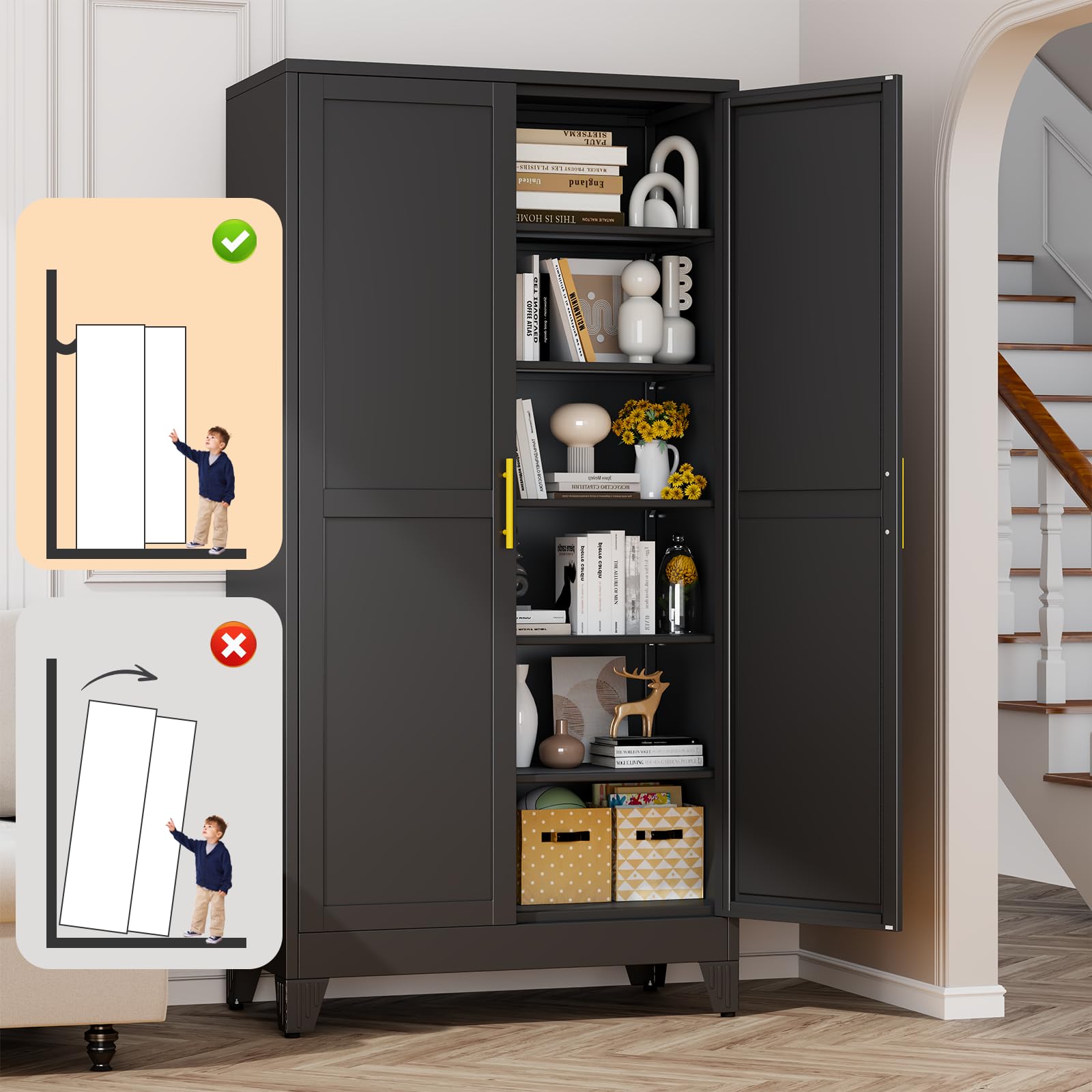 Black Metal Storage Cabinet, 79" Pantry Cabinets for Office