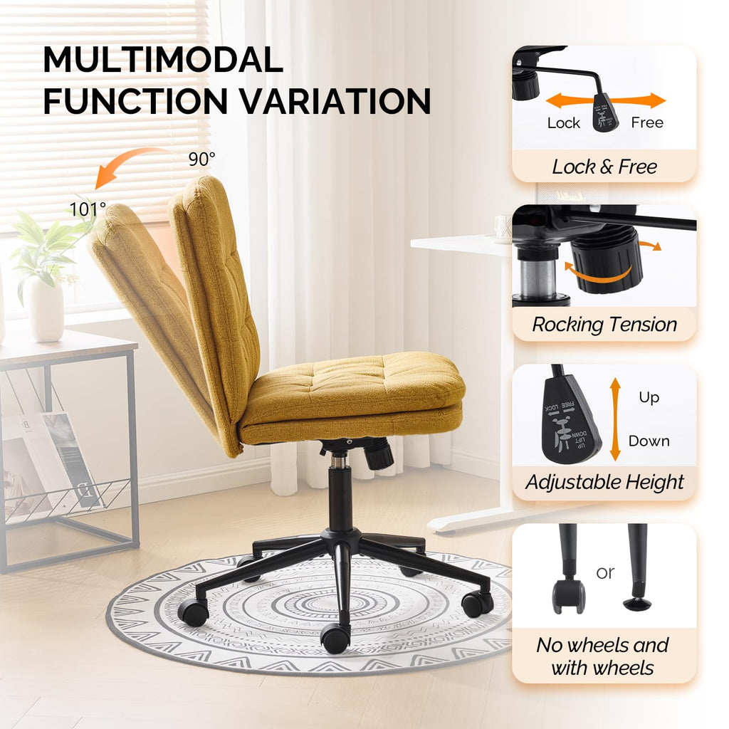 Mid Back Armless Office Desk Chair with Wheels/no Wheels,360°Rocking Swivel Vanity Chair with Thickened Cushion,Adjustable Height Rolling for Reading Room, Make up, Linen Ginger Yellow