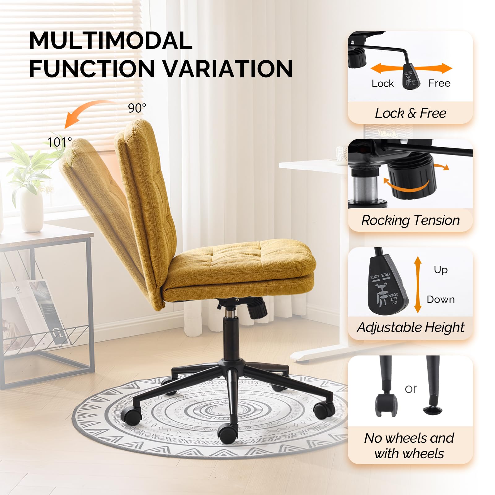 Mid Back Armless Office Desk Chair with Wheels/no Wheels,360°Rocking Swivel Vanity Chair with Thickened Cushion,Adjustable Height Rolling for Reading Room, Make up, Linen Ginger Yellow