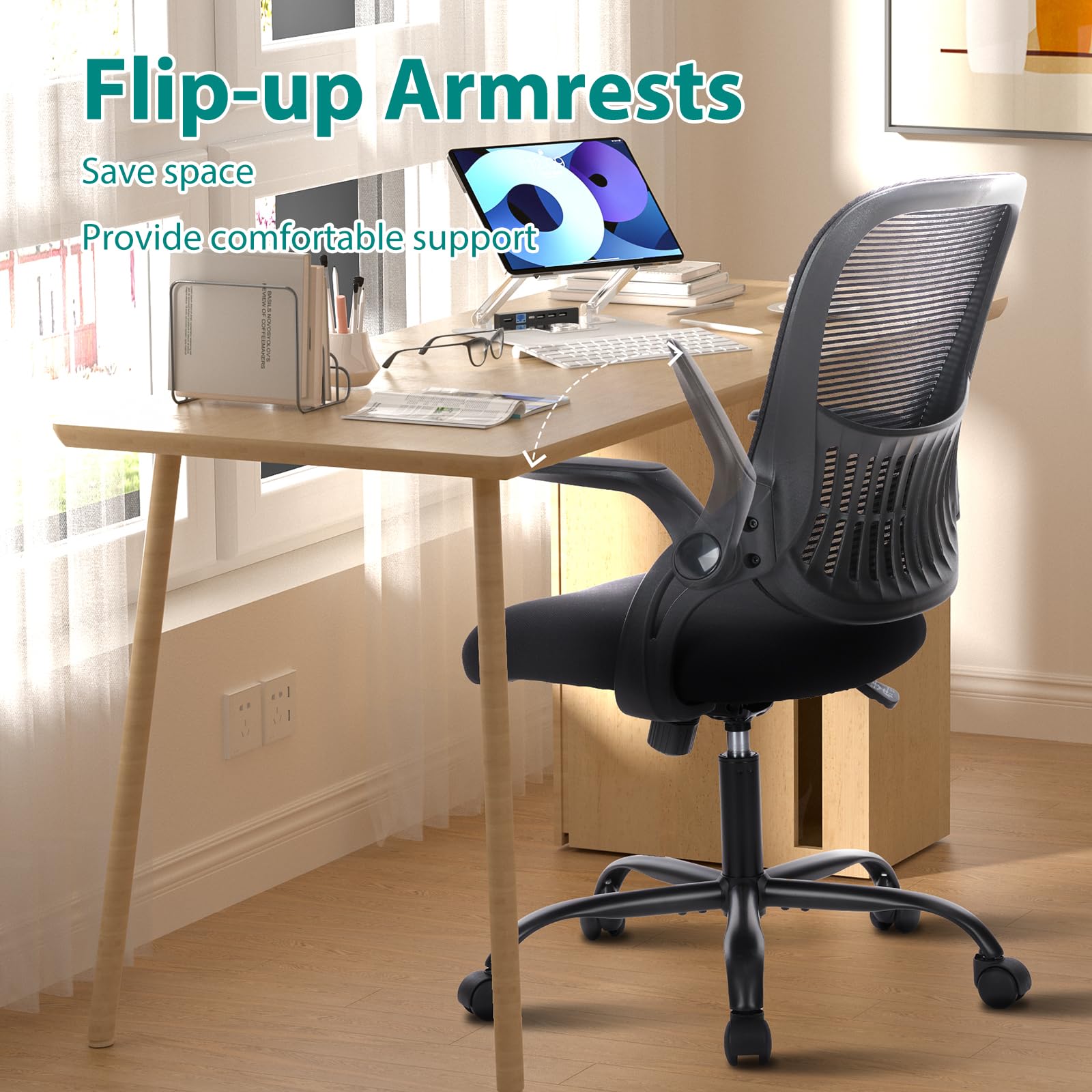 Home Office Managerial Executive Chair, Ergonomic Mesh Adjustable Swivel Mid-Back Chair with Comfortable Lumbar Support, Comfy Arms for Bedroom,Study,Student