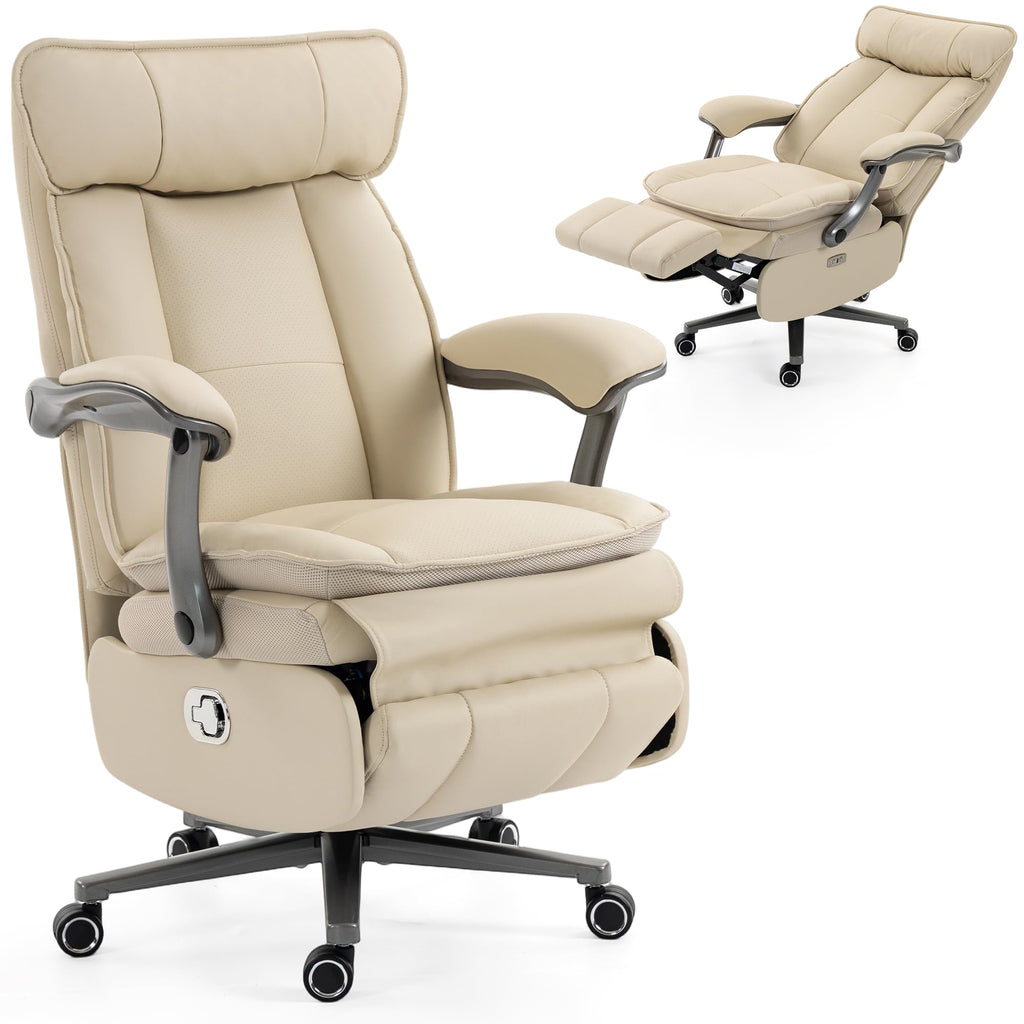 Electric Office Chair with USB Charging, 420lbs PU Leather Power Recliner with Footrest, Ergonomic High Back Executive Chair for Home Office & Gaming, Beige