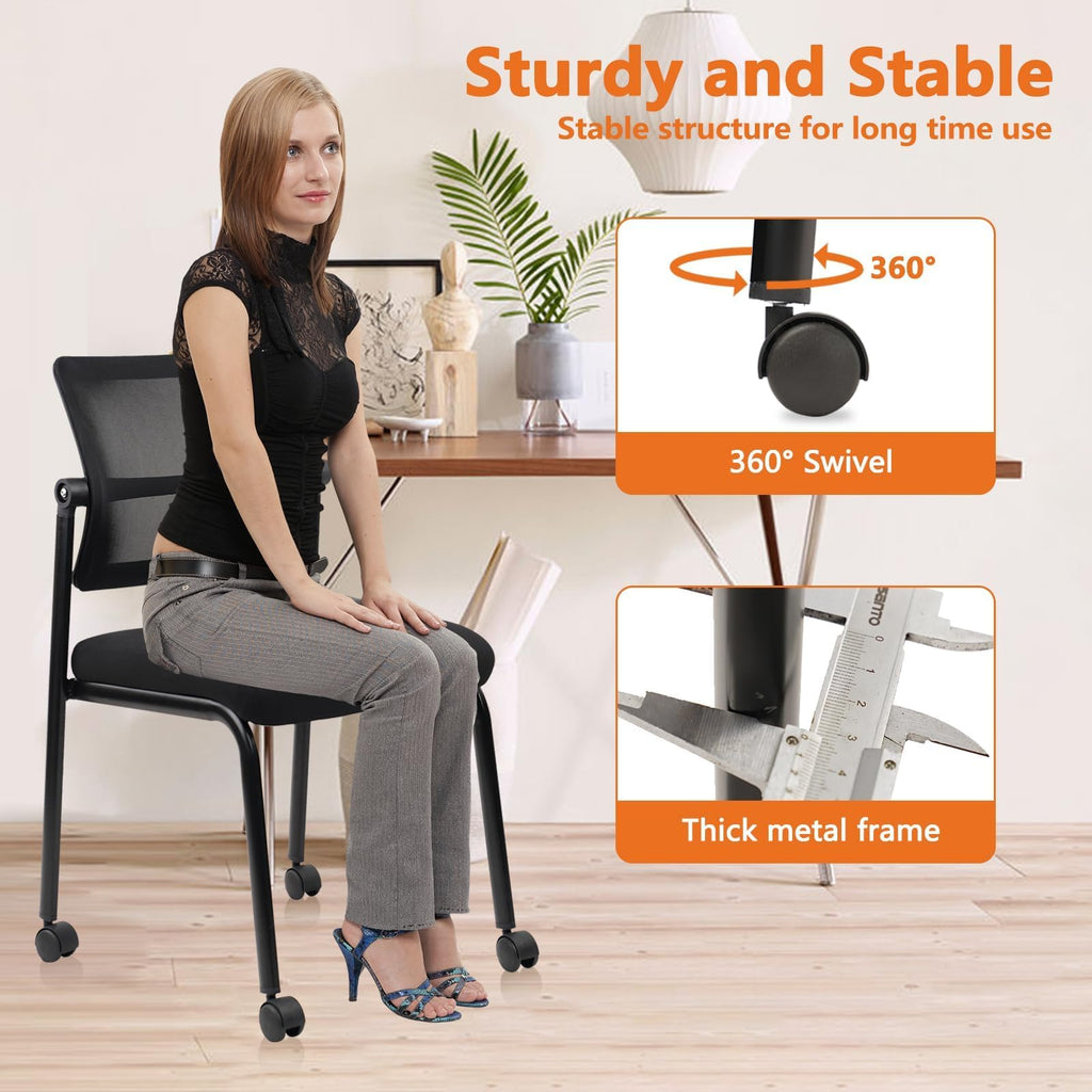 Mesh Stacking Office Desk Chairs with Wheels, Portable Stackable Bulk Waiting Room Armless Chair with Adjustable Back & Fabric Seat for Guest Lobby Side School Church Conference Break, Black