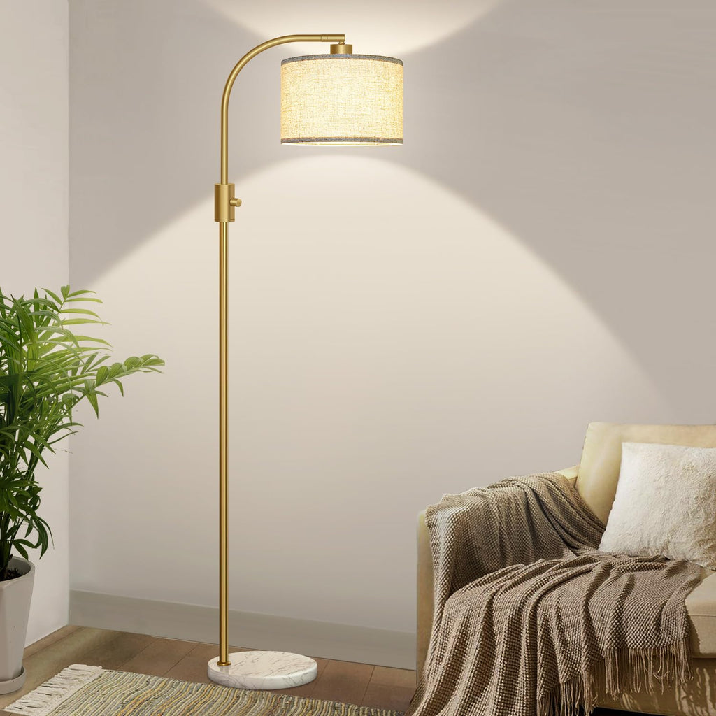 Upgraded Modern Arc Dimmable Tall Standing Floor Lamp with Marble Base & Linen Shade, 1200 Lumens LED Bulb Included, for Living & Reading Room, Bedroom, Office & Nursery, Gold