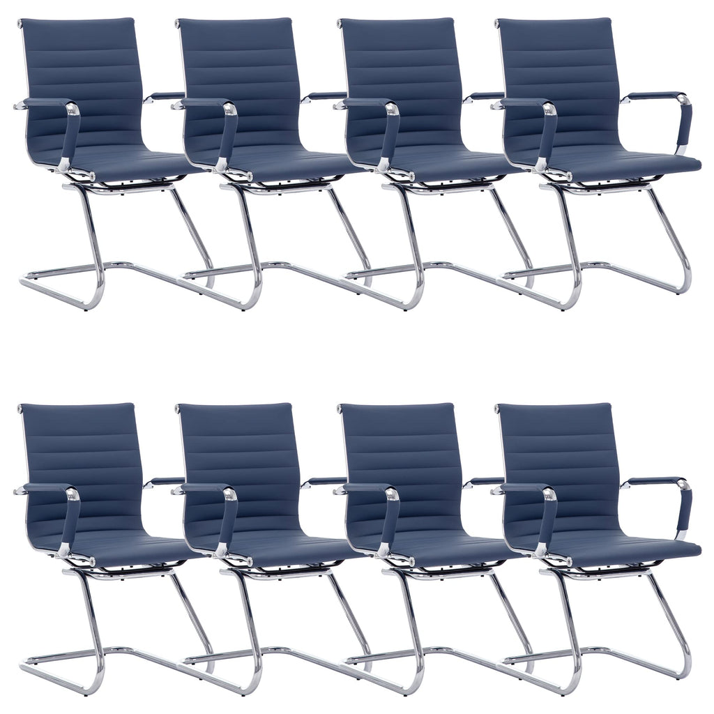 Office Desk Chair Set of 8,No Wheels PU Leather Computer Chairs Mid Back Guest Chairs with Seld Base for School/Reception/Conference/Waiting Room,Navy Blue