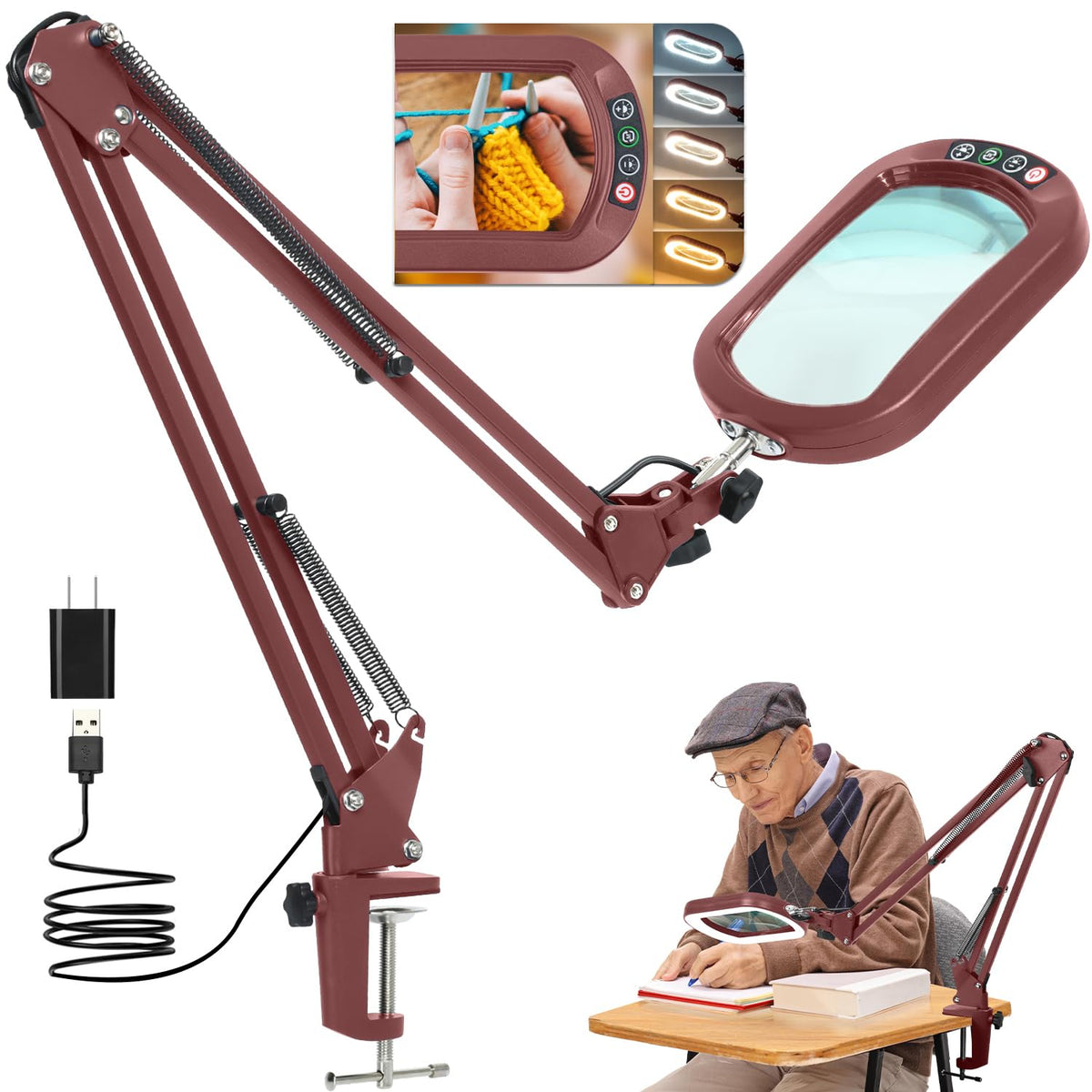 14.35" Large Magnifying Glass with Light and Clamp, Real Glass, 5 Color Modes, Stepless Dimmable, Lighted Magnifier with Stand Hands Free, LED Swing Arm Desk Lamp for Close Work, Craft, Red