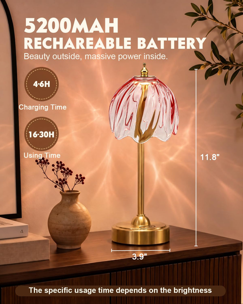 Cordless Flower Table Lamp, 5200mAh Small Rechargeable Touch Lamp