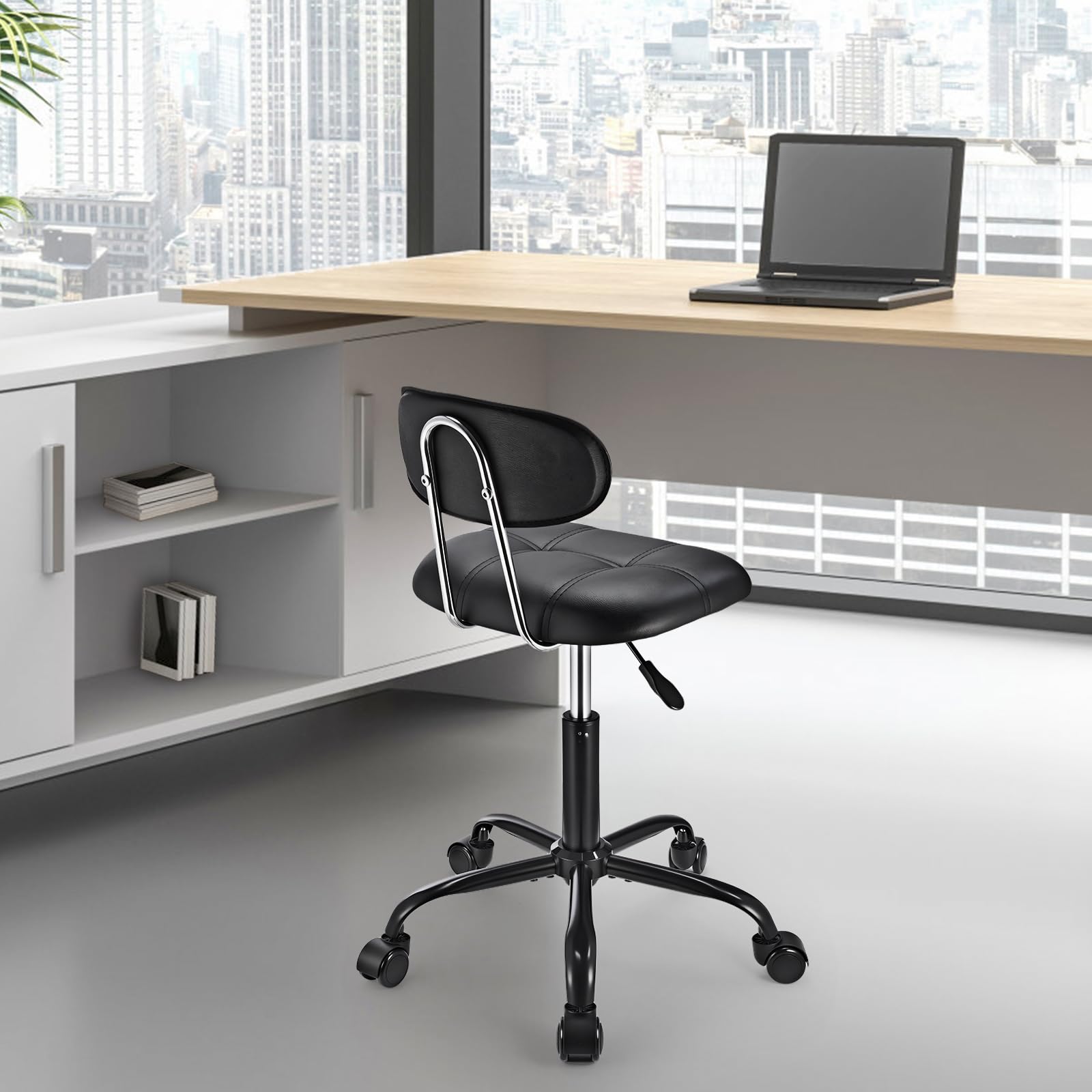 Square Rolling Stool with Backrest Height Adjustable Chair Swivel Drafting Chair Stool Chair with Wheels Stable Base Foot Black