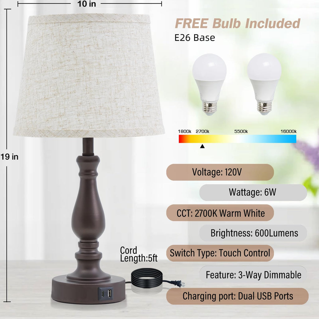 Table Lamps for Bedrooms Set of 2 - Touch Bedside Lamps with USB C+A Ports - Dimmable Nightstand Lamps for End Tables Farmhouse Night Stand Lamps for Living Room Bed Side Guest Room