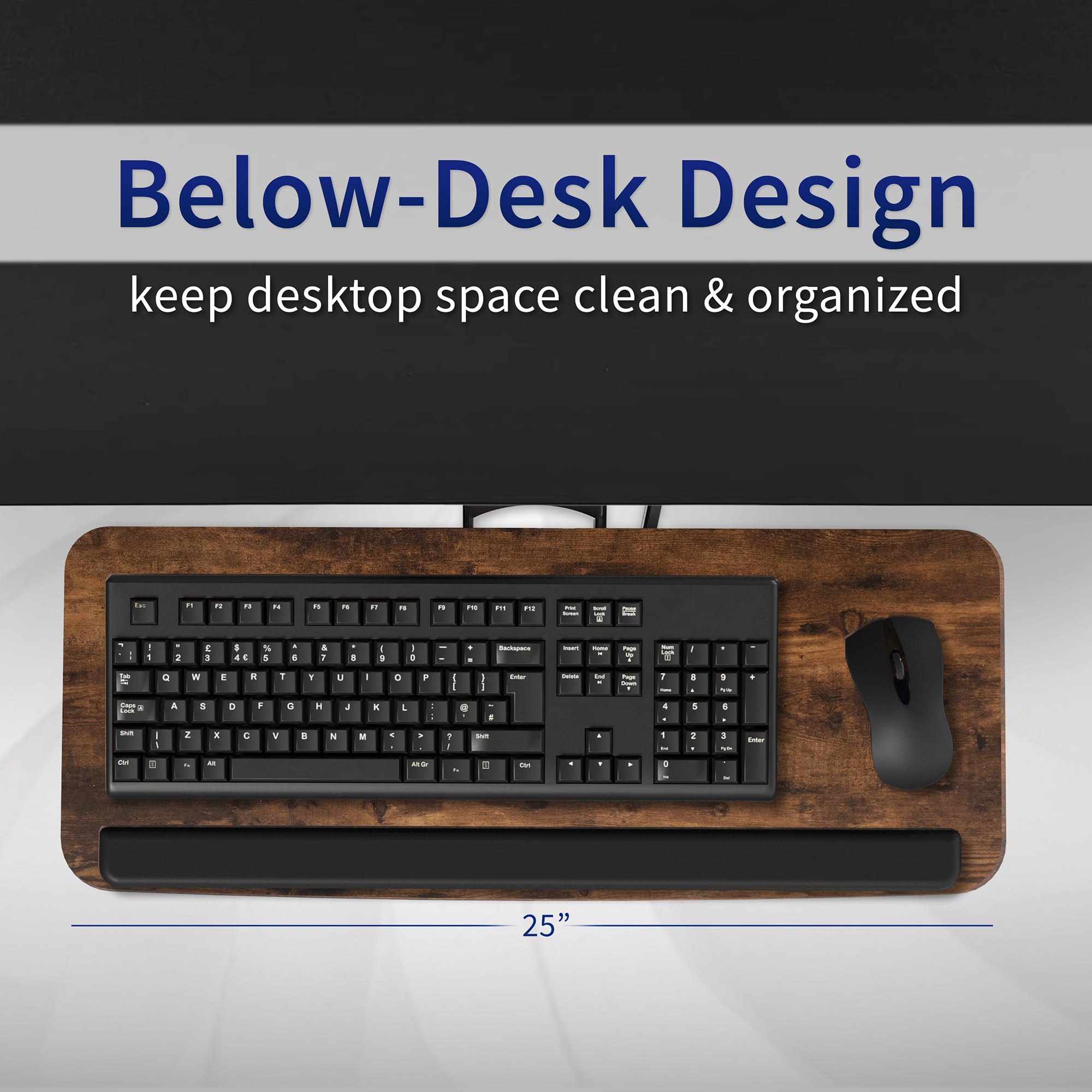 Adjustable Computer Keyboard and Mouse Platform Tray, Ergonomic Under Table Desk Mount Drawer Underdesk Shelf, Rustic Vintage Brown