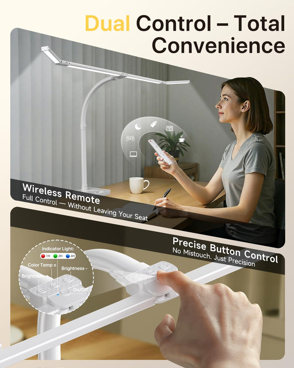 42" LED Desk Lamp for Home Office, Eye-Caring Desk Light with Adjustable 4-Segment Bar, 1800LM Bright, Remote, Architect Table Lamp with Base for Dual Monitors, Reading, Study, Workbench(White)