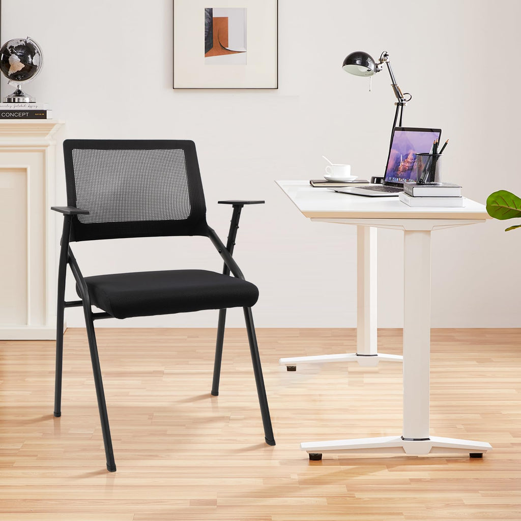 Stackable & Foldable Office Chairs with Ergonomic Lumbar Support and Thickened Seat Cushion, Folding Mesh Fabric Reception Guest Chair for School Church Conference Waiting Room Black