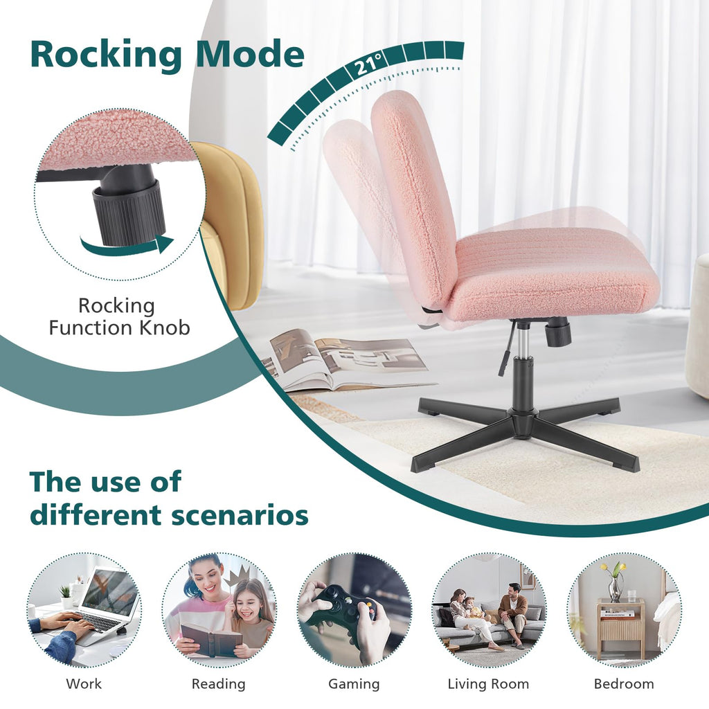 Criss Cross Chairs Legged Armless No Wheels Wide Seat Height Adjustable Swivel Rolling Padded Furry Cute Home Office Desk Seating for Bedroom, Student, Study Room