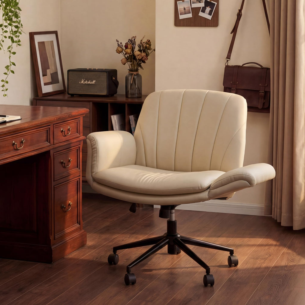 Criss Cross Chair with Five-Level Adjustable Arms and Wheels - Comfortable Ergonomic PU Leather Swivel Vanity Chair - Computer Makeup Gaming Chair for Home Office, Bedroom, Vanity Room (Khaki)